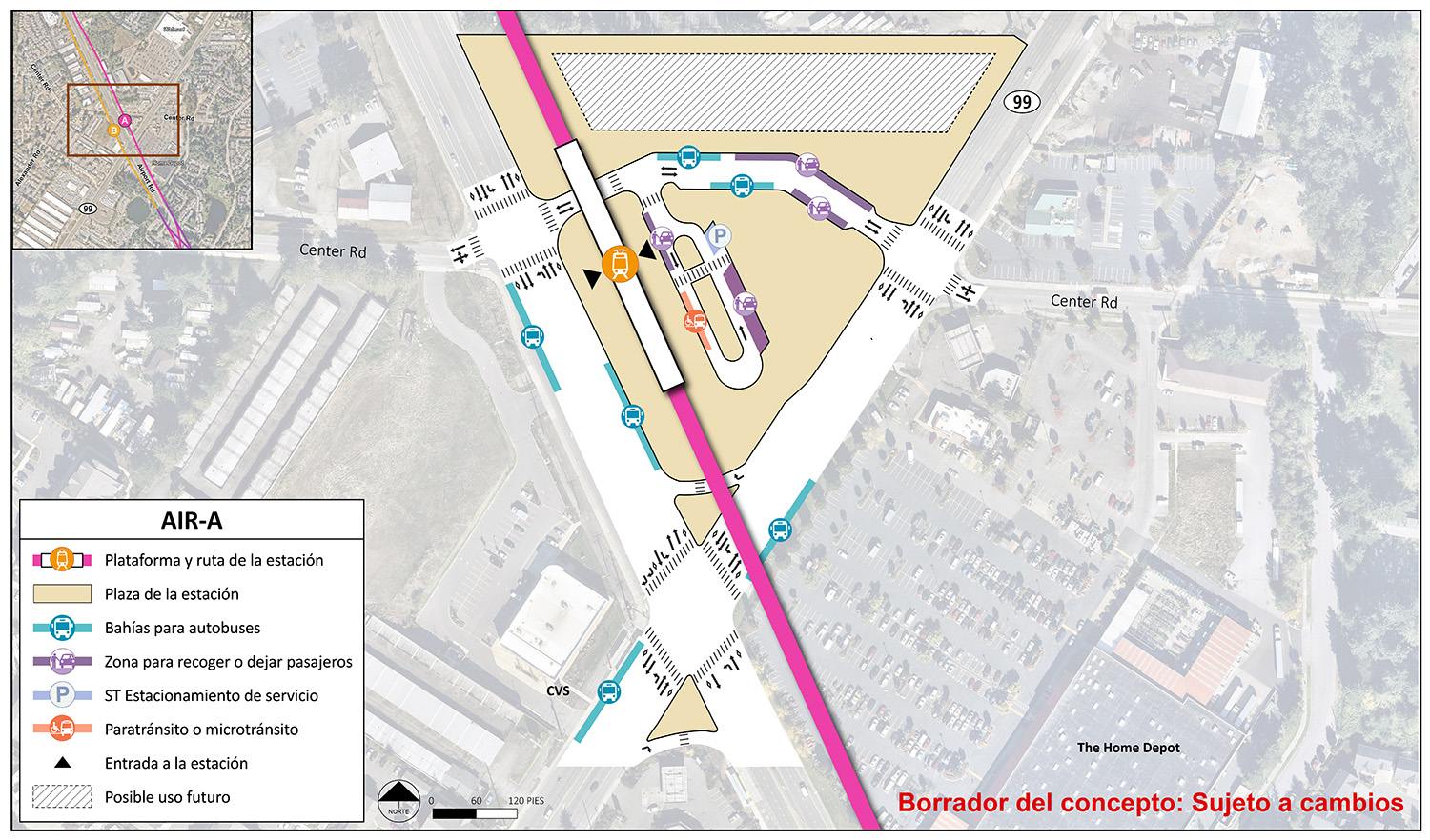 La plataforma de estación y la ruta se encuentran en el extremo este del área de la estación para la estación alternativa ASH-A. El punto de entrada de la estación se encuentra en el extremo sur de la plataforma. El área de la estación y la plaza se encuentran dentro de la esquina de Airport Road y Evergreen Way. Hay un carril al noreste de la plataforma de la estación que conecta Airport Road y Evergreen Way en el lado norte de la estación. Este carril tiene dos bahías/andenes de autobuses y dos lugares para recoger o dejar. Hay un carril conectado al sur con un lugar para vehículos de paratránsito/microtránsito, dos lugares para recoger o dejar y un lugar de estacionamiento de servicio de Sound Transit. Existe área con posible uso en el futuro en el lado norte del área de la estación.