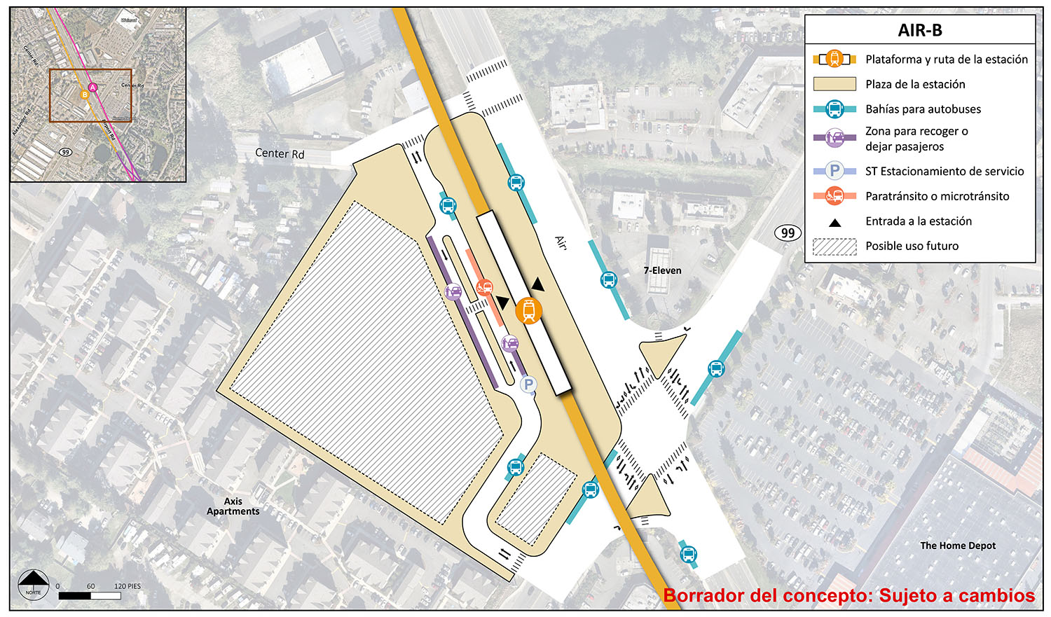 La plataforma de estación y la ruta se encuentran en el extremo este del área de la estación para la estación alternativa ASH-A. El punto de entrada de la estación se encuentra en el extremo sur de la plataforma. El área de la estación y la plaza se encuentran dentro de la esquina de Airport Road y Evergreen Way. Hay un carril al noreste de la plataforma de la estación que conecta Airport Road y Evergreen Way en el lado norte de la estación. Este carril tiene dos bahías/andenes de autobuses y dos lugares para recoger o dejar. Hay un carril conectado al sur con un lugar para vehículos de paratránsito/microtránsito, dos lugares para recoger o dejar y un lugar de estacionamiento de servicio de Sound Transit. Existe área con posible uso en el futuro en el lado norte del área de la estación.