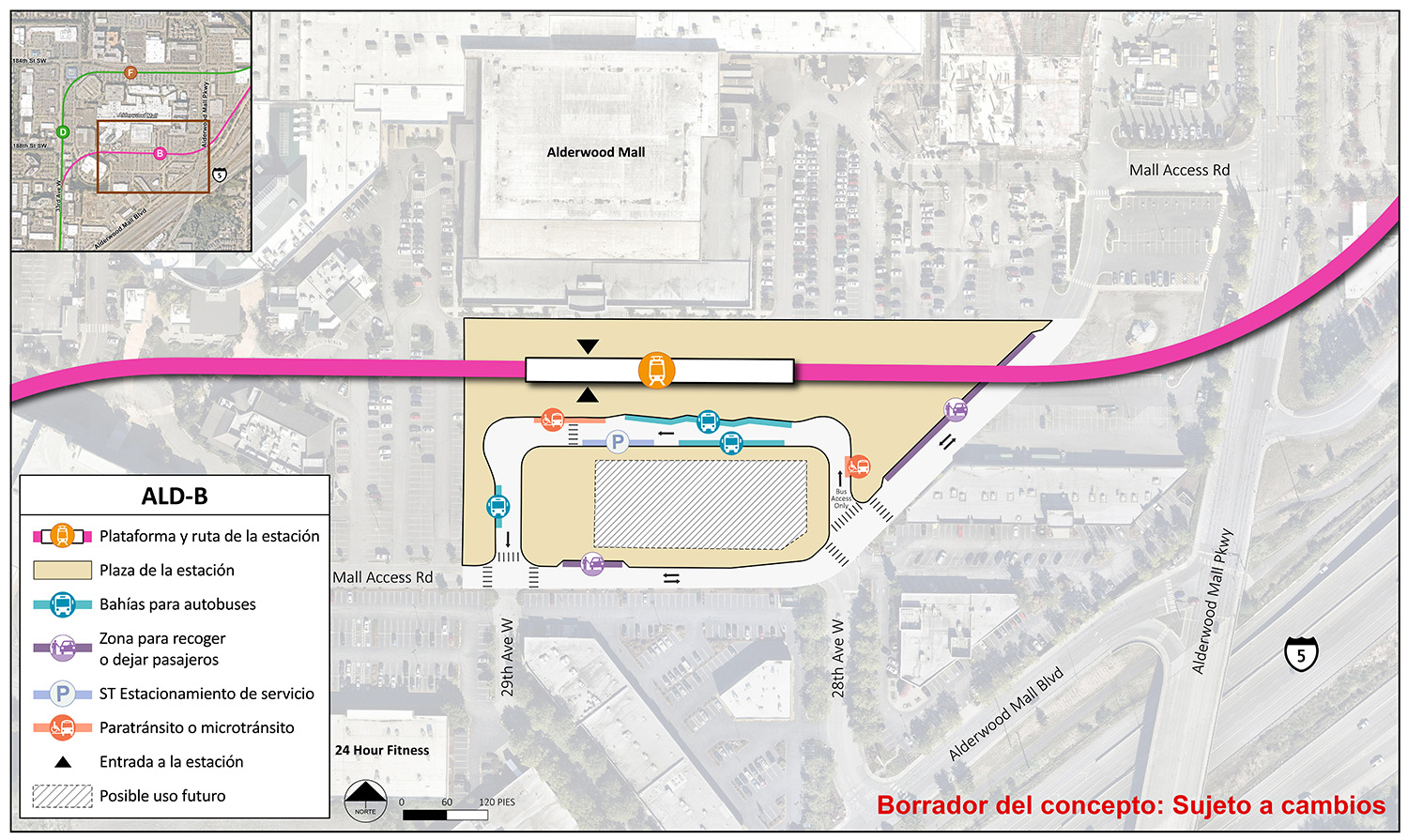 La plataforma de la estación y la ruta se encuentran en el extremo norte del área de la estación para la alternativa de alineación de la estación ALD-B. El punto de entrada de la estación se encuentra en el extremo oeste de la plataforma. El área de la estación y la plaza se extienden hasta Mall Access Road cerca de 29th Avenue West y 28th Avenue West. Hay un carril que entra y sale tanto en la 29th Avenue West como en la 28th Avenue West. El carril tiene tres andenes de autobuses, un lugar de estacionamiento de servicio de Sound Transit y dos lugares para vehículos de paratránsito / microtránsito. Entre este carril y el Mall Access Road, hay una sección reservada para un posible uso en el futuro. Hay dos lugares para recoger/dejar en Mall Access Road; uno entre 29th Avenue West y 28th Avenue West y otro justo después de 28th Avenue West hacia el este.