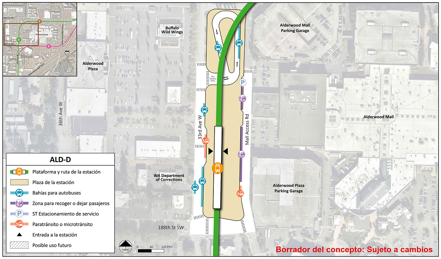 La plataforma de la estación y la ruta se encuentran en el centro del área de la estación para la alternativa ALD-D. El punto de entrada de la estación se encuentra entre el medio y extremo norte de la plataforma, la cual se encuentra en la parte sur de la plaza. El área de la estación y la plaza se extienden hasta la 88th Street Southwest North hasta Alderwood Mall Parking Garage y es tan ancha como la 33rd Avenue West hasta Mall Access Road. Hay un carril en forma de bucle que entra y sale cerca del extremo norte del área de la estación a través de 33rd Avenue West. En el bucle, hay dos andenes de autobuses. Hay tres bahías o andenes de autobuses a lo largo de la Avenida 33 Oeste y un espacio para  paratránsito/micro tránsito. En Mall Access Road, hay dos lugares para recoger o dejar, un lugar de estacionamiento de servicio de Sound Transit y un lugar para vehículos de paratránsito/micro tránsito.