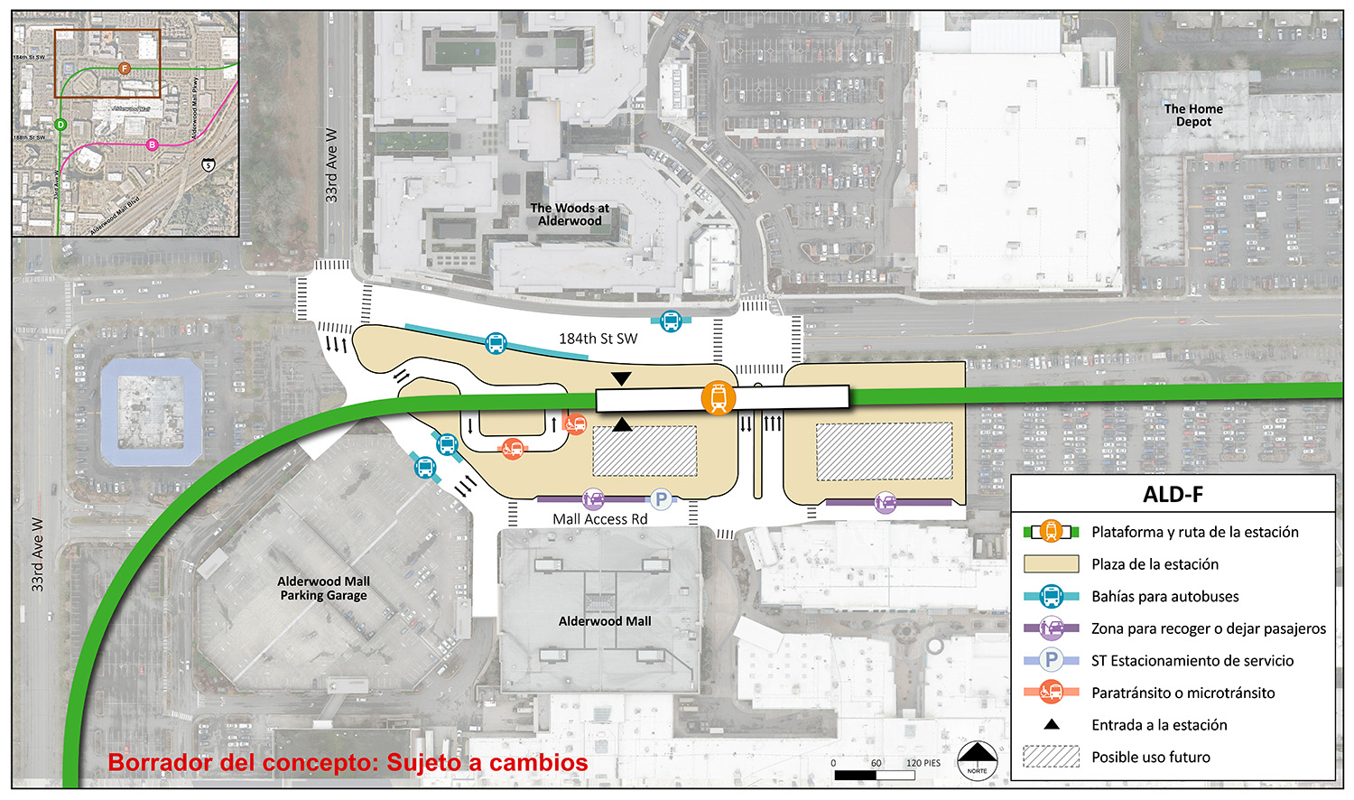 La plataforma de la estación y la ruta se encuentran en el centro del área de la estación para la estación alternativa ALD-F. El punto de entrada de la estación se encuentra entre el extremo medio y el oeste de la plataforma. El área de la estación y la plaza se extienden desde 33rd Avenue West hasta el extremo este de Alderwood Mall y se encuentra entre la 184th Street Southwest y el Mall Access Road. Hay un carril que entra y sale en el extremo oeste de Mall Access Road. Hay dos carriles de tráfico que conectan la 184th Street Southwest y Mall Access Road en el extremo este de la estación con un posible uso en el futuro en ambos lados. En Mall Access Road, hay dos bahías o andenes de autobuses, dos lugares recoger o dejar y un lugar de estacionamiento de servicio de Sound Transit. Hay un carril dentro de la plaza al oeste del punto de entrada de la estación que tiene dos espacios para vehículos de paratránsito/micro tránsito. En la 184th Street Southwest, hay dos bahías o andenes para autobuses.