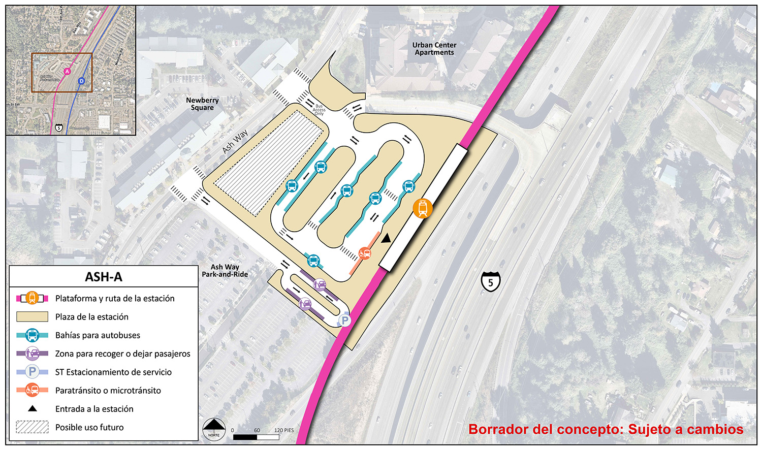 La plataforma y la ruta de la estación se encuentran en el extremo este del área de la estación para la estación alternativa ASH-A. El punto de entrada de la estación se encuentra en el extremo sur de la plataforma. El área de la estación y la plaza se extienden hasta Ash Way entre el estacionamiento para vehículos de pasajeros Ash Way y los Urban Center Apartments. Hay un carril con puntos de entrada y salida al oeste en Ash Way y al norte del área de la estación. El carril tiene seis bahías o andenes de autobuses y un espacio para vehículos de paratránsito/micro tránsito. Entre este carril y Ash Way, existe un posible uso en el futuro. Hay un carril en el extremo sur del área de la estación con dos lugares de recoger o dejar y un lugar de estacionamiento de servicio de Sound Transit.