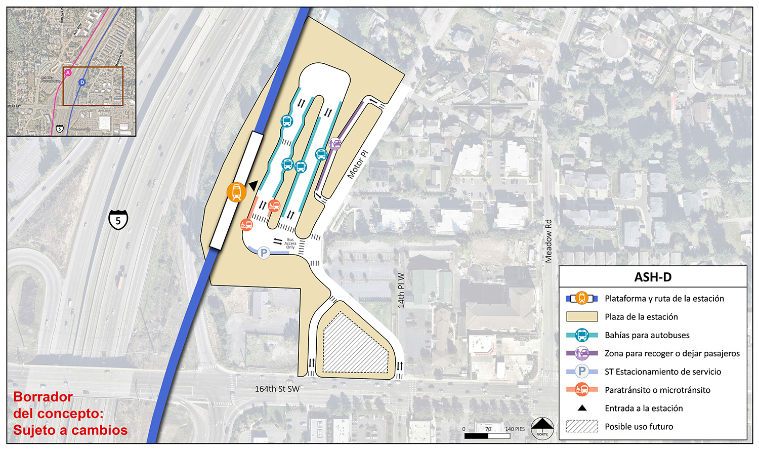 La plataforma de estación y la ruta de la estación se encuentran en el extremo oeste del área de la estación para la estación alternativa ASH-D. El punto de entrada a la estación al nivel central de la plataforma. El área de la estación y la plaza se extienden hasta Ash Way entre el estacionamiento para vehículos de pasajeros Ash Way y los Urban Center Apartments. Hay un carril con puntos de entrada y salida al oeste en Ash Way y al norte del área de la estación. El carril tiene seis bahías o andenes de autobuses y un espacio para vehículos de paratránsito/micro tránsito. Entre este carril y Ash Way, existe un posible uso en el futuro. Hay un carril en el extremo sur del área de la estación con dos lugares de recoger o dejar y un lugar de estacionamiento de servicio de Sound Transit. La plaza de la estación se extiende para incluir la esquina de 14th Place West y 164th Street Southwest con dos carriles que conectan con el área de la estación y una sección para su posible uso en el futuro.