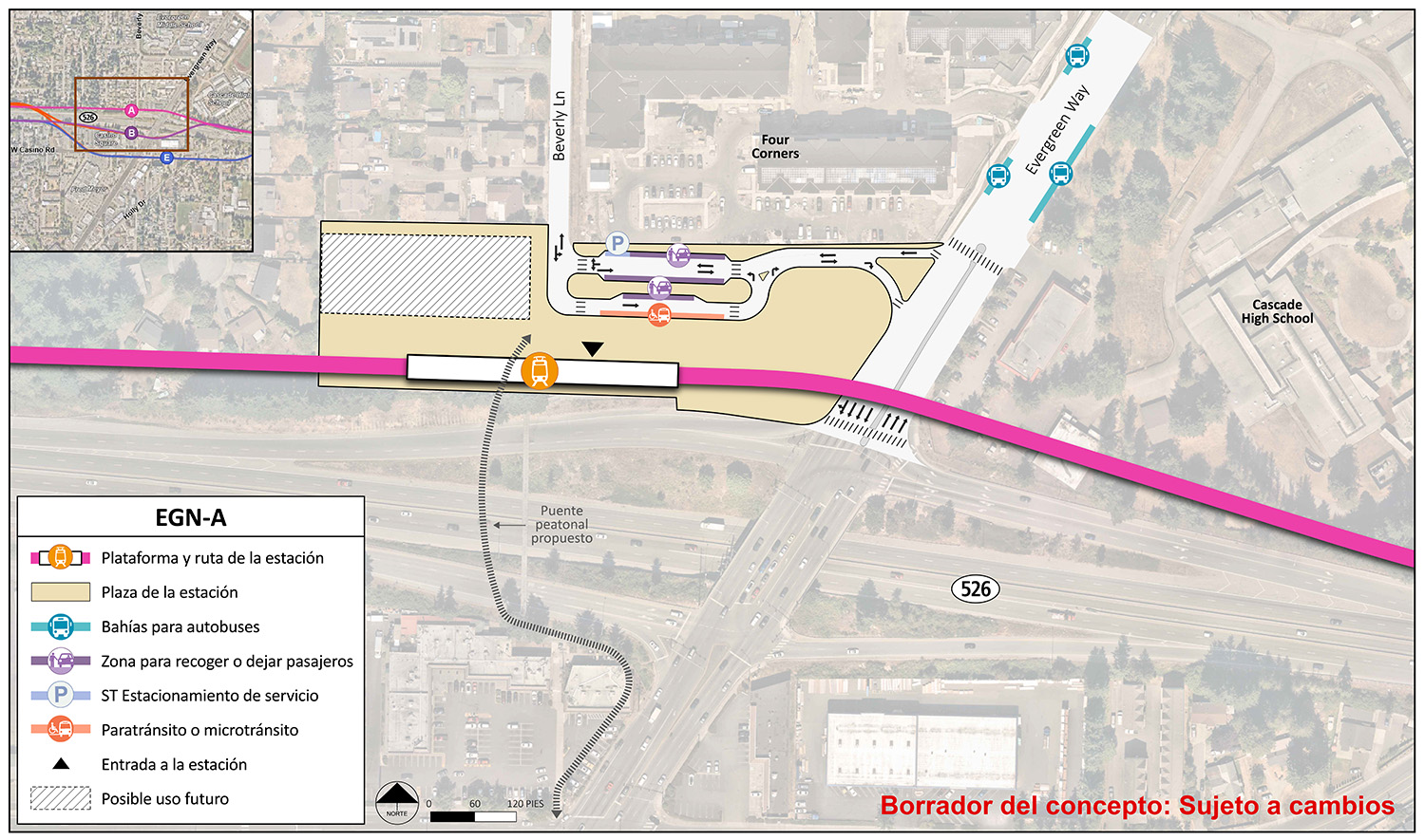 La plataforma de estación y la ruta se encuentran en el extremo sur del área de la estación para la estación alternativa EGN-A. El punto de entrada de la estación se encuentra entre la parte media y el extremo este de la plataforma. El área de la estación y la plaza se extienden hasta la State Route 526, Evergreen Way y justo al oeste de Beverly Lane. Hay un carril al norte de la plataforma de la estación y ruta con puntos de entrada y salida en Beverly Lane y Evergreen Way. Este carril tiene un lugar para vehículos de paratránsito/micro tránsito, dos lugares de recoger o dejar y un lugar de estacionamiento de servicio de Sound Transit. Hay tres bahías/andenes de autobuses en Evergreen Way. Existe un posible uso en el futuro en la esquina suroeste del área de la estación y la plaza.