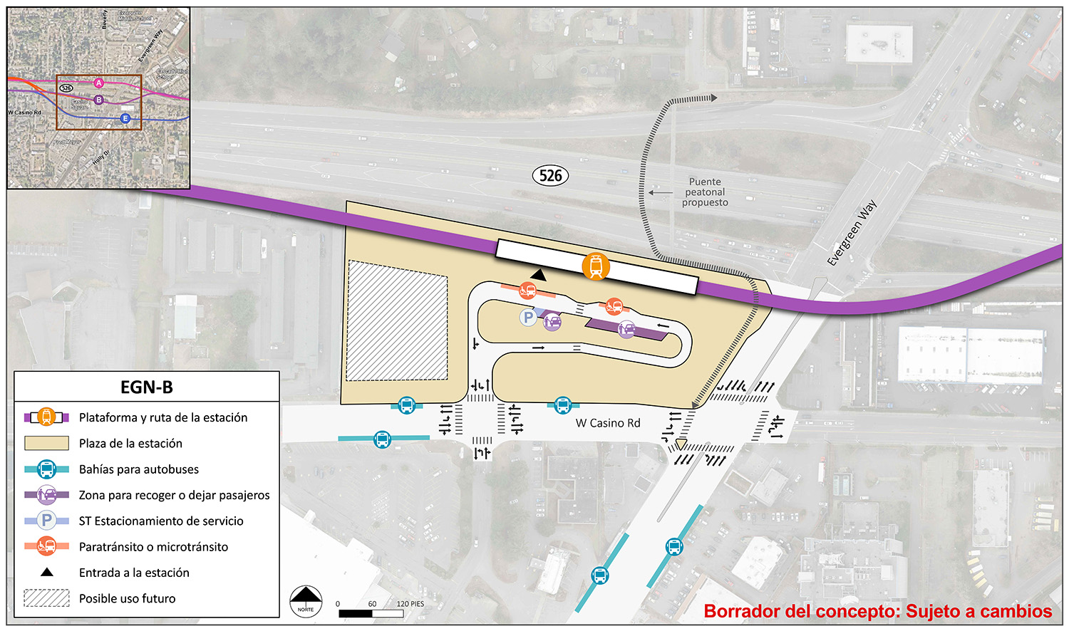 La plataforma de estación y la ruta se encuentran en el extremo norte del área de la estación para la estación alternativa EGN-B. El punto de entrada de la estación se encuentra entre la parte media y el extremo oeste de la plataforma. El área de la estación y la plaza se extienden hasta la State Route 526, Evergreen Way y West Casino Road, cerca del Fred Meyer. Hay un carril al sur de la plataforma de la estación y ruta con puntos de entrada y salida sobre West Casino Road. Este carril tiene un lugar para vehículos de paratránsito/micro tránsito, dos lugares de recoger o dejar y un lugar de estacionamiento de servicio de Sound Transit.  Hay dos bahías/andenes de autobuses en Evergreen Way y tres en West Casino Road. Existe un posible uso en el futuro en la esquina suroeste del área de la estación y la plaza.