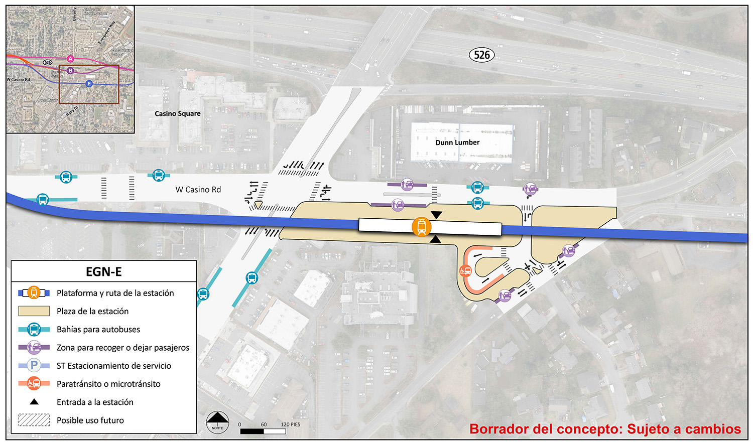 La plataforma de la estación y la ruta se encuentran en el centro del área de la estación para la estación alternativa EGN-E. El punto de entrada de la estación está en la parte media de la plataforma. El área de la estación y la plaza se extienden hasta Evergreen Way, Holly Drive y West Casino Road. Hay un carril al sur de la plataforma de la estación y ruta con puntos de entrada y salida sobre Holly Drive y West Casino Road. Este carril tiene un lugar para vehículos de paratránsito/micro tránsito. Hay dos lugares para recoger o dejar en Holly Drive. Hay cinco bahías/andenes de autobuses y tres lugares para recoger y dejar en West Casino Road. Hay tres bahías/andenes de autobuses en Evergreen Way.