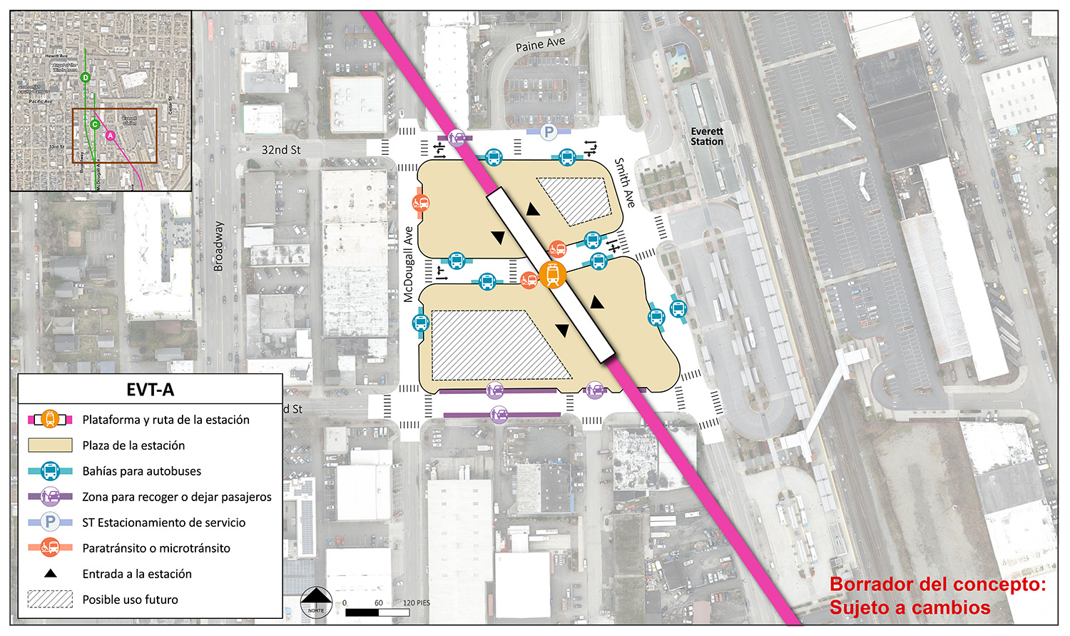 La plataforma de la estación y la ruta se encuentran en el centro del área de la estación para la estación alternativa EVT-A. Hay dos puntos de entrada a la estación en los extremos noroeste y sureste de la estación. El área de la estación y la plaza se extienden desde la 32nd Street a la 33rd Street y desde la McDougall Avenue a Smith Avenue. Hay un carril enmedio de la estación con puntos de entrada y salida en McDougall Avenue y Smith Avenue. Este carril tiene cinco bahías/andenes de autobuses y dos lugares para vehículos de paratránsito/micro tránsito. Hay dos bahías/andenes de autobuses en Smith Avenue. Hay tres lugares para recoger o dejar en la 33rd Street. Hay una bahía/andén de autobuses y un lugar para vehículos de paratránsito/micro tránsito en McDougall Avenue. Hay dos bahías/andenes muy transitados, en los lugares para recoger o dejar, y un lugar de estacionamiento de servicio de Sound Transit en la 32nd Street. Existe la posibilidad de uso futuro tanto en la esquina suroeste del área de la estación y la plaza.