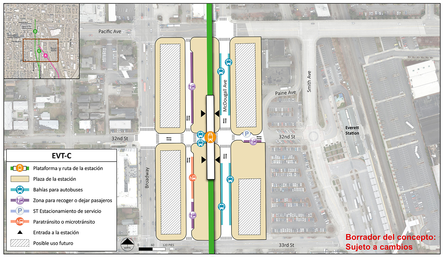 La plataforma de la estación y la ruta se encuentran en el centro del área de la estación para la estación alternativa EVT-C. Hay dos puntos de entrada a la estación en los extremos norte y sur de la estación. El área de la estación y la plaza se extienden desde Pacific Avenue hasta 33rd Street y desde Broadway hasta justo al este de McDougall Avenue. Hay un carril a cada lado de la plataforma de la estación y ruta con puntos de entrada y salida en Pacific Avenue y 33rd street. El carril en el lado oeste de la ruta de la estación tiene dos lugares para recoger o dejar y uno para vehículos de paratránsito/micro tránsito. El carril en el lado este de la ruta de la estación tiene cuatro bahías/andenes de autobuses. La circulación en la 32nd Street se mantiene con dos andenes de autobuses, un lugar recoger o dejar y un lugar de estacionamiento de servicio de Sound Transit. Existe un posible uso en el futuro en cada esquina del área de la estación y la plaza.