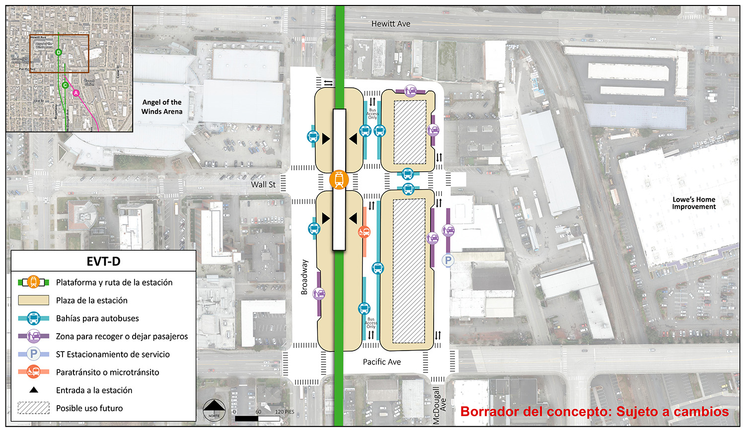 La plataforma de la estación y la ruta se encuentran en el centro del área de la estación para la estación alternativa EVT-D. Hay dos puntos de entrada a la estación en los extremos norte y sur de la estación. El área de la estación y la plaza se extienden desde el norte de Wall Street hasta Pacific Avenue y desde Broadway hasta McDougall Avenue. Hay un carril en el centro del área de la estación con puntos de entrada y salida en Pacific Avenue y 33rd Street. El carril tiene seis bahías o andenes de autobuses y un espacio para vehículos de paratránsito/micro tránsito. La circulación en Wall Street se mantiene con dos bahías/andenes de autobuses. Hay tres lugares para recoger o dejar y un lugar de estacionamiento de servicio de Sound Transit en McDougall Avenue. Hay un lugar para recoger o dejar en el lado norte de la estación. Hay dos andenes de autobuses y un lugar para recoger o dejar en Broadway. Hay dos posibles ubicaciones futuras en el lado este del área de la estación y la plaza.