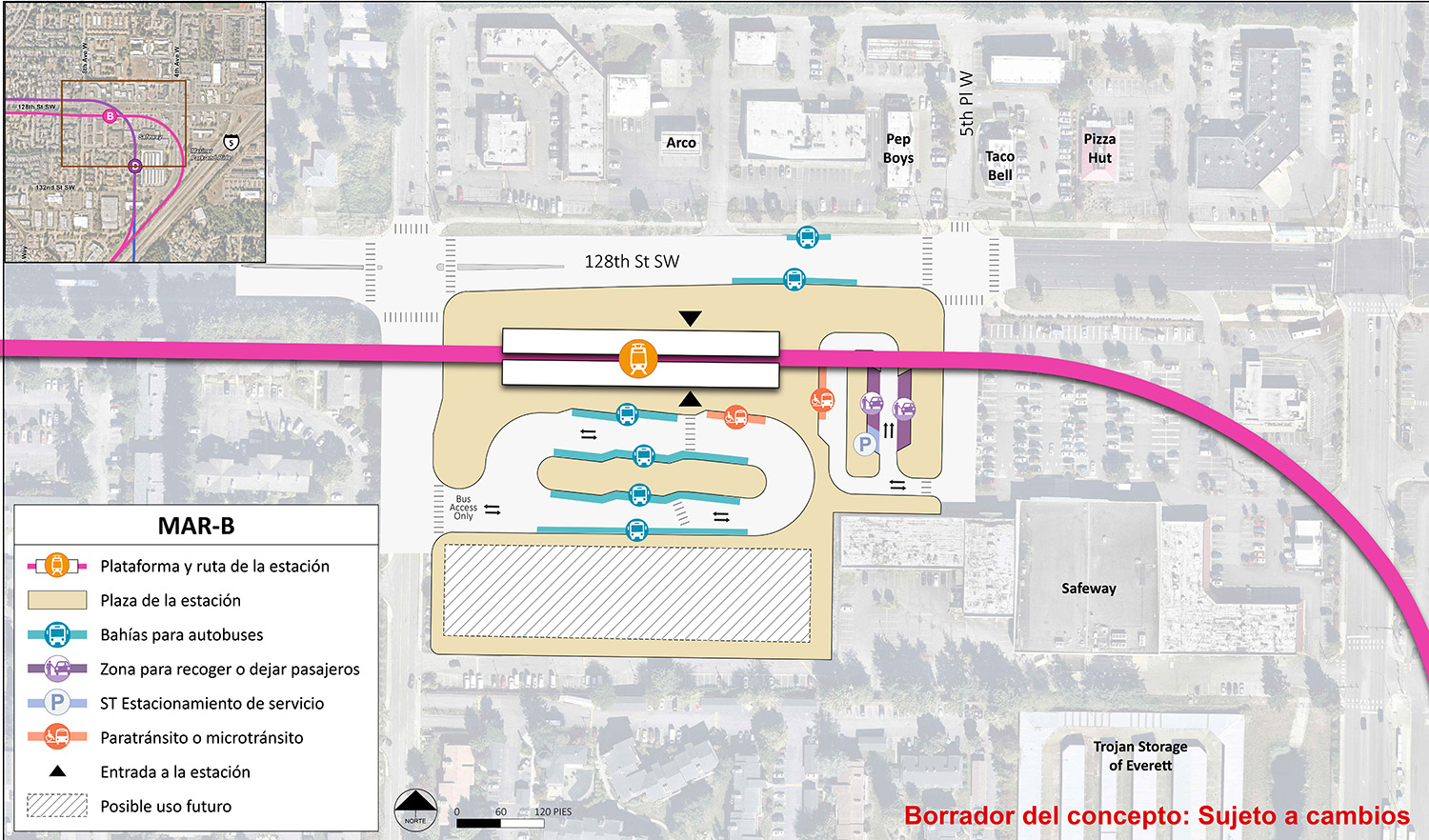 La plataforma de la estación y la ruta se encuentran en el centro del área de la estación para la estación alternativa MAR-B. El punto de entrada de la estación se encuentra entre el extremo medio y el oeste de la plataforma. El área de la estación y la plaza se extienden hasta la 8th Avenue West, Safeway y 128th Street Southwest. En la 128th Street Southwest hay dos bahías o andenes de autobuses. Hay un carril al sur de la plataforma de la estación y ruta con puntos de entrada y salida al oeste en 8th Avenue West. Al sur de este carril hay un área que puede usarse en el futuro. Hay otro carril al este del área de la estación con dos lugares para recojer o dejar y uno para vehículos de paratránsito/microtránsito.