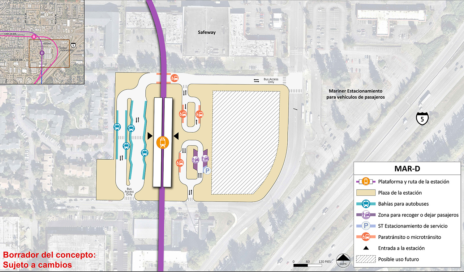 La plataforma de la estación y la ruta se encuentran en el centro del área de la estación para la estación alternativa MAR-D. El punto de entrada de la estación está en la parte media de la plataforma. El área de la estación y la plaza se extienden hasta la 132nd Street Southwest, Safeway y 4th Avenue West. Hay un carril al oeste de la plataforma de la estación y una ruta con puntos de entrada y salida tanto en el extremo norte como en el sur de la estación. Este carril tiene cuatro bahías/andenes para autobuses. Hay dos carriles al este del área de la estación. Un carril tiene un punto de entrada y salida al norte y tiene dos espacios para vehículos de paratránsito/micro tránsito. El otro carril tiene un punto de entrada y salida al sur y tiene un lugar para vehículos de paratránsito/micro tránsito, dos puntos para recoger o dejar y un lugar de estacionamiento de servicio de Sound Transit. Al este de estos carriles se encuentra un área con posible uso en el futuro.