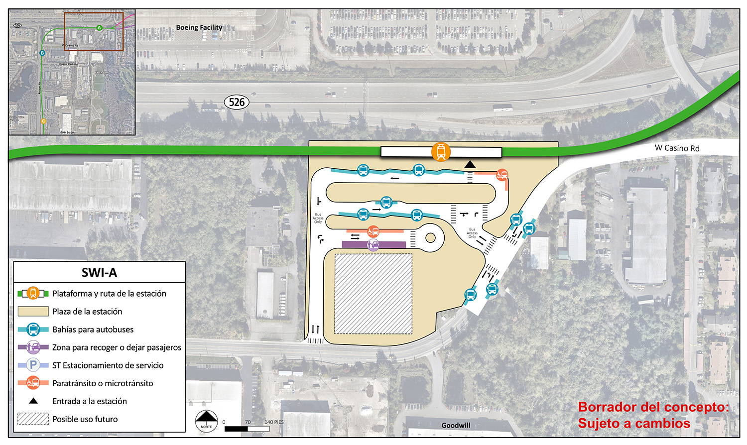 La plataforma de estación y la ruta se encuentran en el extremo norte del área de la estación para la estación alternativa SWI-A. El punto de entrada de la estación se encuentra en el extremo sur de la plataforma. El área de la estación y la plaza siguen las curvas de West Casino Road. Hay un carril con puntos de entrada y salida en el extremo oeste y este del área de la estación, ambos conectan con West Casino Road. El carril tiene seis bahías o andenes de autobuses y un espacio para vehículos de paratránsito/micro tránsito. Hay otro carril con entrada y salida en el lado oeste de la estación que conecta con West Casino Road. Este carril tiene un lugar para vehículos de paratránsito/microtránsito y un lugar para recoger o dejar. Al sur de este carril, hay un posible uso en el futuro. En el lado este de la estación, donde el área de la estación se une con West Casino Road, hay cuatro bahías/andenes para autobuses.