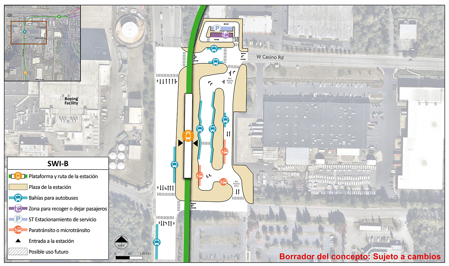 La plataforma de estación y la ruta se encuentran en el lado oeste del área de la estación para la estación alternativa SWI-B. El punto de entrada de la estación se encuentra en la parte media de la plataforma. El área de la estación y la plaza se extienden hasta Airport Road, Kasch Park Road y West Casino Road. Hay un carril con puntos de entrada y salida al norte en West Casino Road y al sur en Kasch Park Road. Este carril tiene tres bahías/andenes de autobuses y tres lugares para vehículos de paratránsito/micro tránsito. Hay otro carril con entrada y salida en West Casino Road. Este carril tiene un estacionamiento de servicio ST y un lugar para recoger o dejar. Hay dos bahías/andenes de autobuses en West Casino Road y dos en Airport Road.