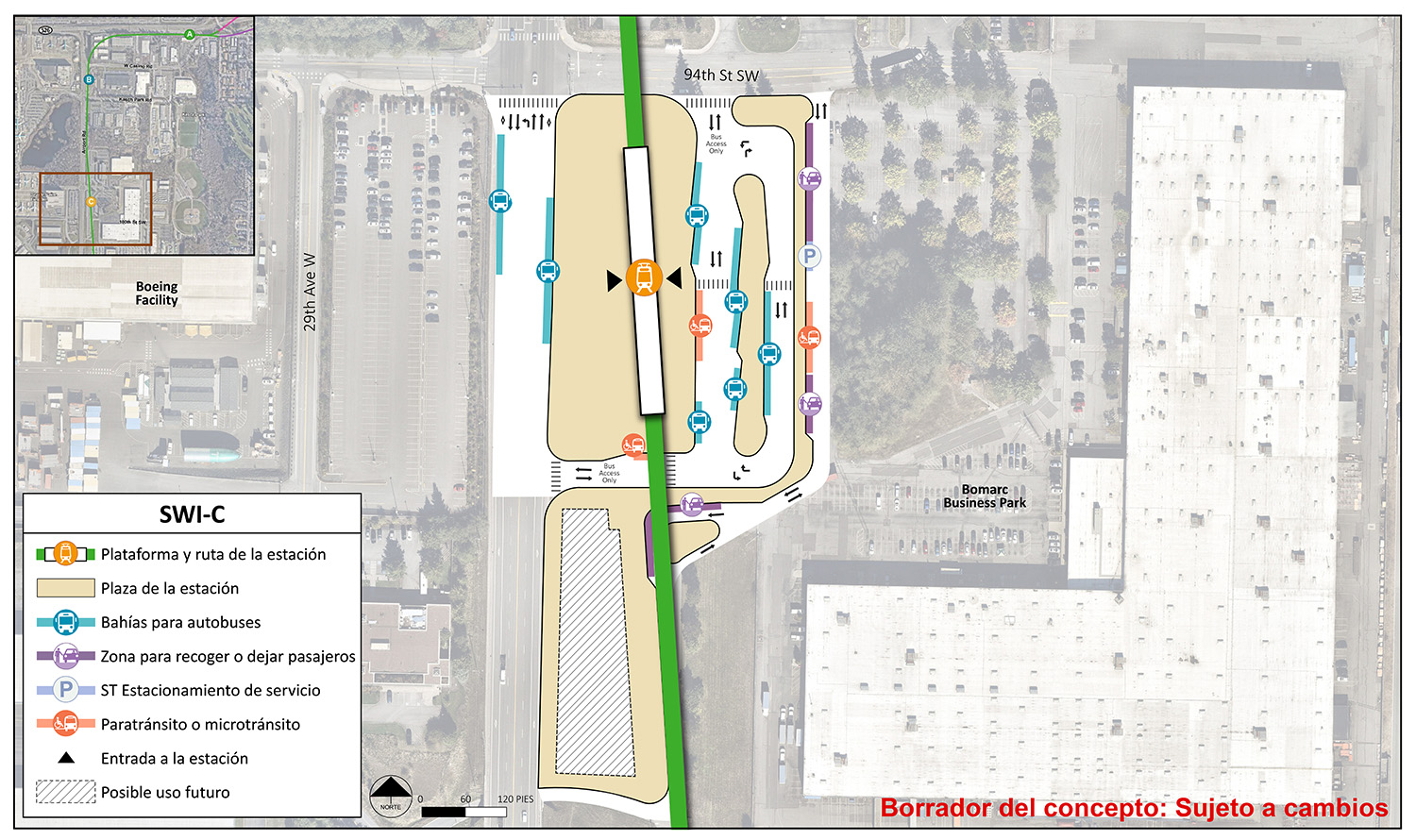 La plataforma de estación y la ruta se encuentran en el extremo oeste del área de la estación para la estación alternativa SWI-C. El punto de entrada de la estación se encuentra en la parte media de la plataforma. El área de la estación y la plaza se extienden hasta 34th Street Southwest, Airport Road y 29th Avenue West. Hay un carril al este de la plataforma de la estación y la ruta con puntos de entrada y salida en 34th Street Southwest y 29th Avenue West. Este carril tiene cinco bahías/andenes de autobuses y dos lugares para vehículos de paratránsito/micro tránsito. Hay dos bahías/andenes de autobuses en Airport Road. En 29th Avenue West, hay dos lugares recoger o dejar, un lugar para vehículos de paratránsito/micro tránsito y un lugar de estacionamiento de servicio de Sound Transit. Hay un pequeño carril que se desvía rápidamente y da vuelta hacia la 29th Avenue West que tiene un lugar para recoger o dejar. Existe un posible uso en el futuro en la esquina suroeste del área de la estación y la plaza.