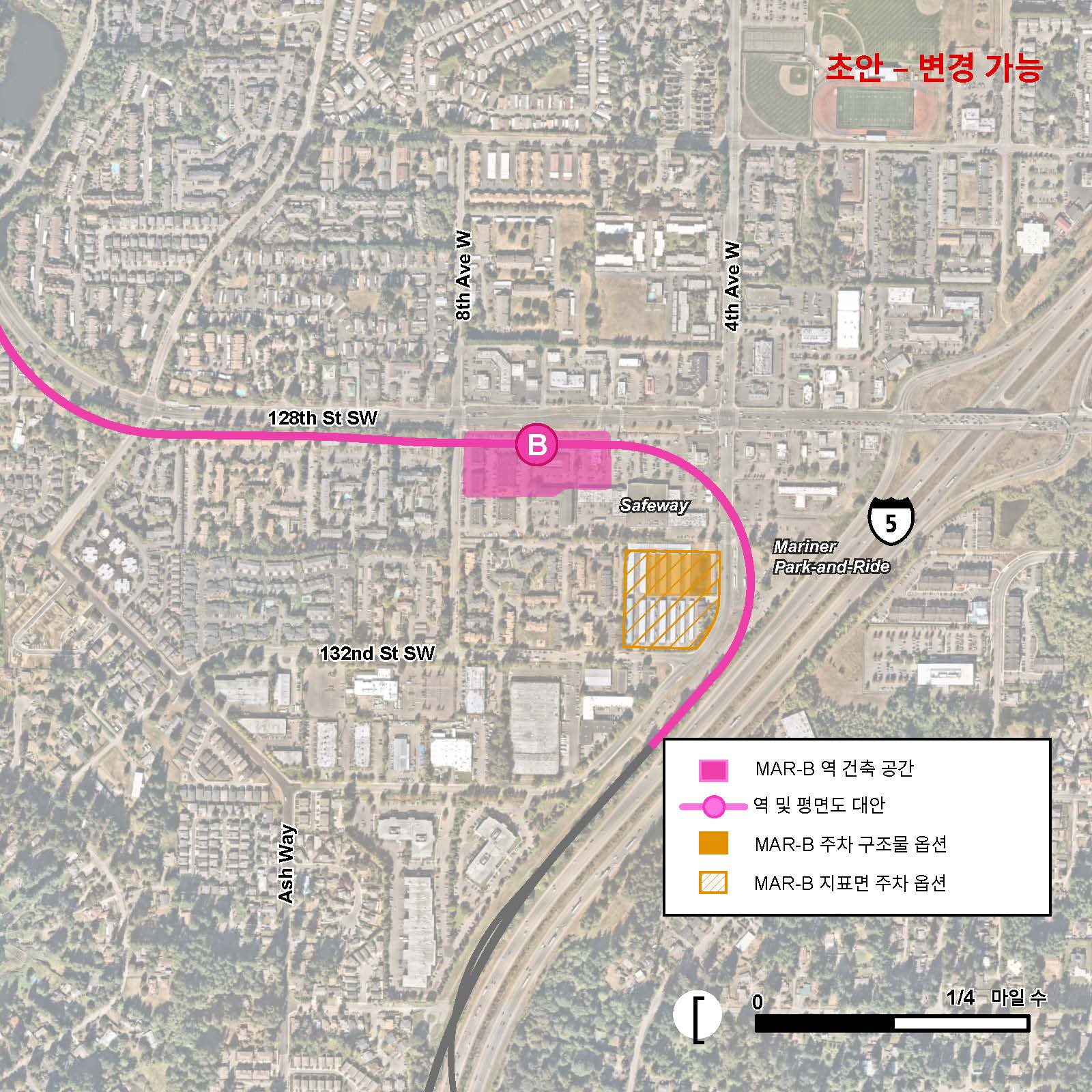MAR-B 대안을 위한 제안된 주차 시설, 역 및 경전철 경로입니다. MAR-B 주차장은 4th Ave West에서 동쪽으로, 남쪽에 있는 132nd Street SW으로, 그리고 Safeway 경계까지 북쪽으로 뻗어 있으며 분홍색 사각형으로 표시됩니다. 이 지역의 북동쪽 모퉁이에 있는 주차 건물은 단색 분홍색으로 표시되어 있으며, 야외 주차장은 분홍색 줄무늬로 표시됩니다. MAR-2 경로 대안은4th Avenue West을 따라 고가 경로를 달리다가128th Avenue Southwest 남쪽 끝으로 좌회전하며 분홍색으로 표시됩니다. MAR-B 대안 역은 128th Street Southwest 경로 및 8th Avenue West 동쪽 경로를 따라 표시됩니다.