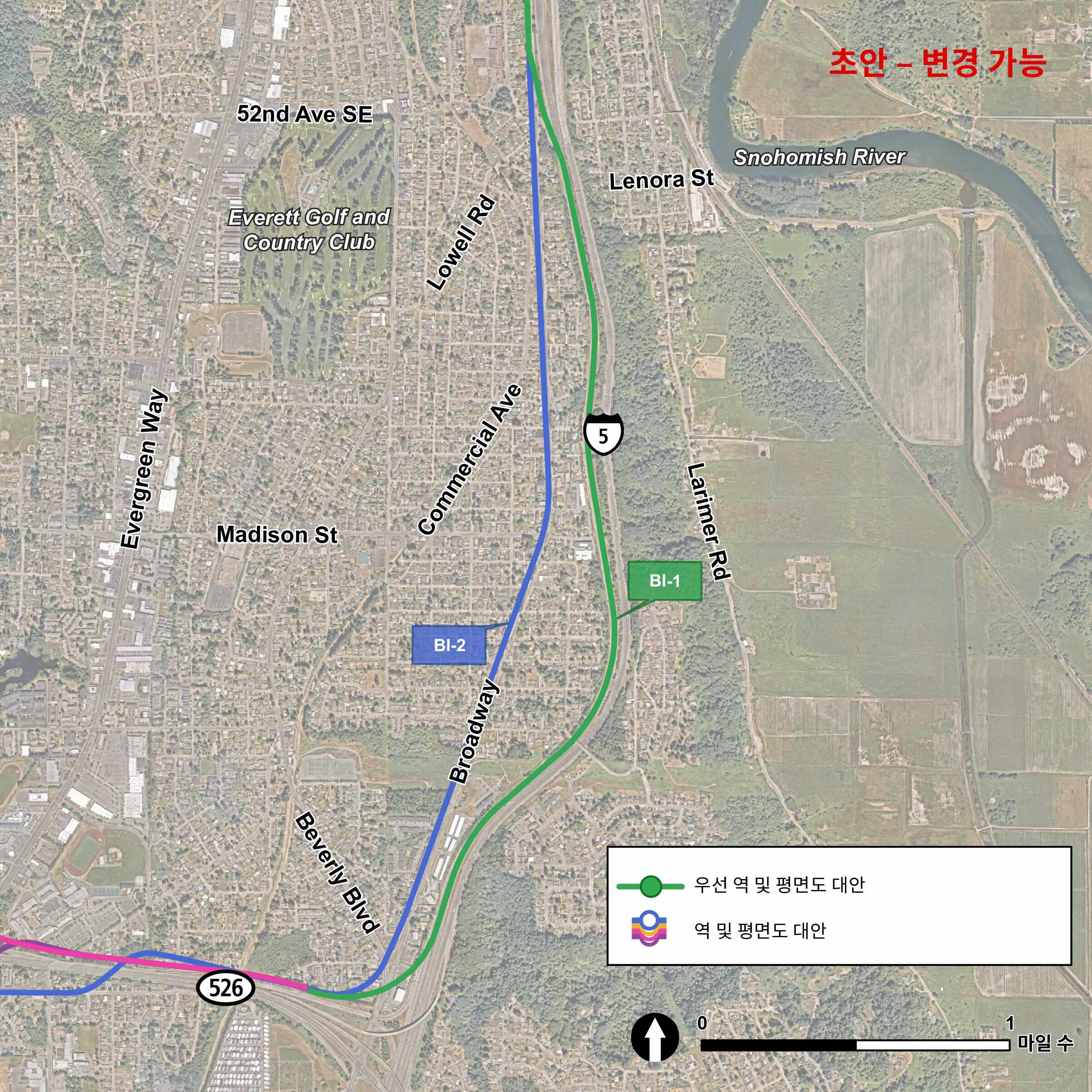 위성에서 내려다 본Broadway-Interstate 5 구간.