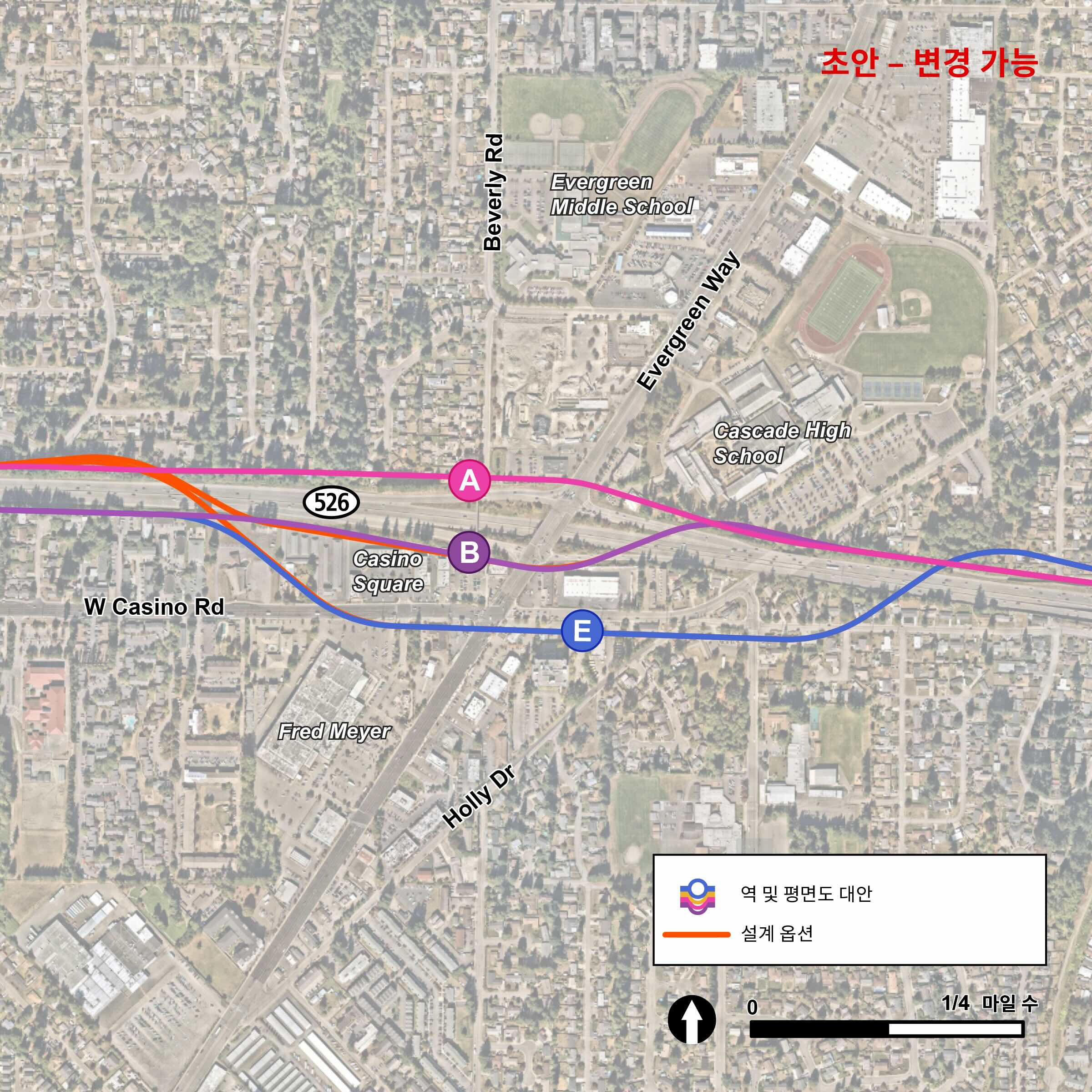 State Route 526/Evergreen Way 구간 내에는 3개의 대안 역 EGN-A, EGN-B 및 EGN-E이 있습니다. EGN-A 대안 역은 동쪽 방향 고속도로를 따라 State Route 526의 북쪽으로 이어지는 EGN-1 경로에 위치합니다. EGN-A 대안 역은 Evergreen Way와 State Route 526의 서쪽에 위치하며 역은 State Route 526의 북쪽에 있습니다. EGN-B 대안 역은 EGN-2 대안 경로를 따라 위치하며, 이 역은 Casino Road와 Evergreen Way 교차로의 북서쪽 모퉁이에 있는 역과 함께 동쪽 고속도로를 따라 State Route 526의 남쪽으로 이어집니다.