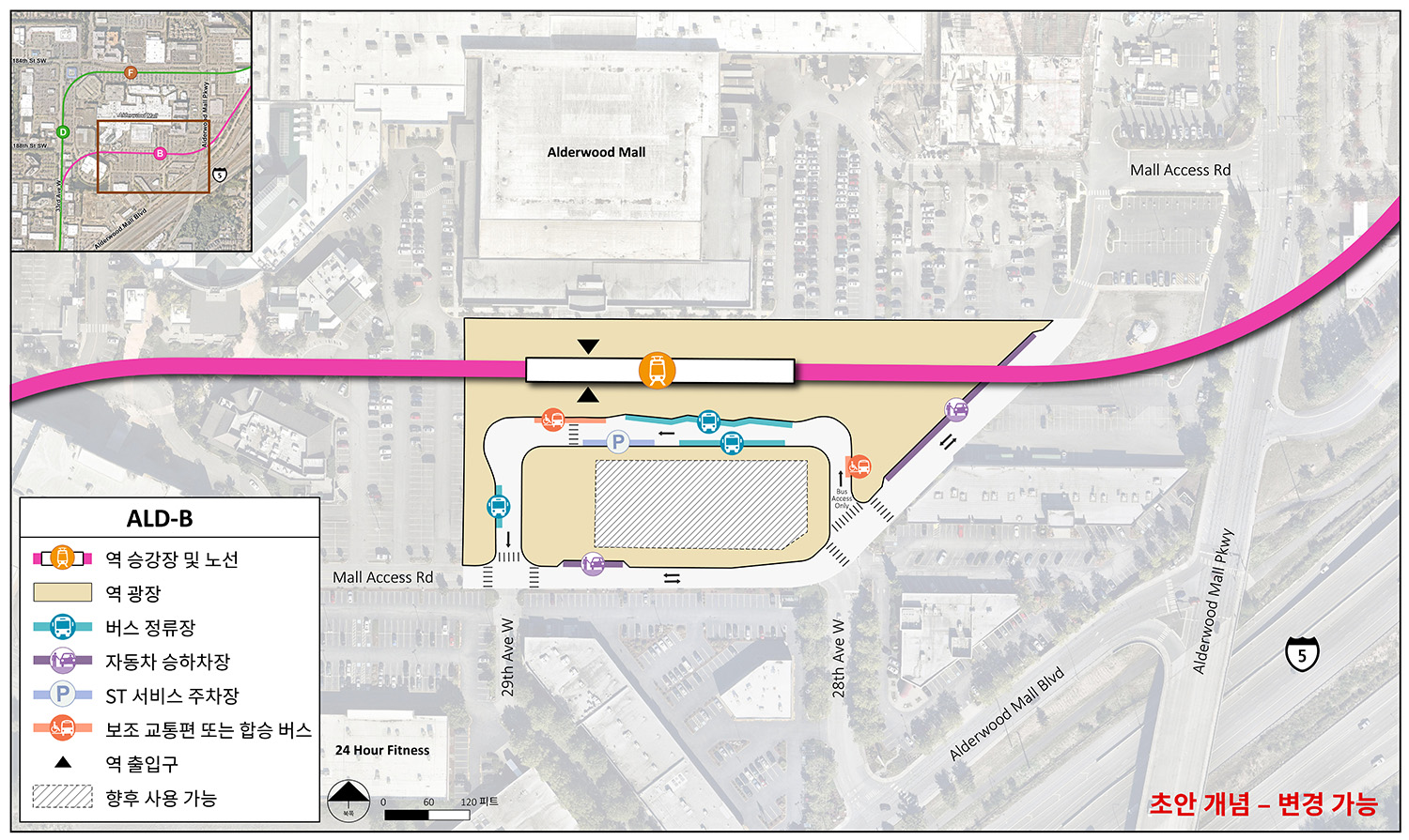 역 승강장과 경로는 역 정렬 대안 ALD-B를 위해 역세권의 북쪽 끝에 있습니다. 역으로 진입하는 지점은 승강장의 서쪽 끝에 있습니다. 역세권과 광장은 29th Avenue West과 28th Avenue West 근처의 Mall Access Road까지 이어집니다. 29th Avenue West와 28th Avenue West로 들어가고 나가는 차선이 있습니다. 차선에는 3개의 버스 정류장, ST 서비스 주차 공간, 2개의 보조 교통/소형 교통 지점이 있습니다. 이 차선과 Mall Access Road 사이에는 향후에 사용 가능성이 있는 구역이 있습니다. Mall Access Road에는 승하차 지점이 2개 있습니다. 하나는 29th Avenue West과 28th Avenue West 사이에 있고, 다른 하나는 28th Avenue West를 지나 동쪽으로 있습니다.