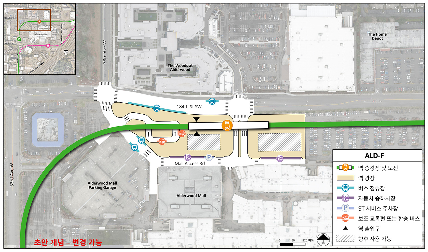 역 승강장 및 경로는 대안 역 ALD-F의 역세권 중간에 위치합니다. 역의 진입 지점은 승강장의 중간과 서쪽 끝 사이에 있습니다. 역세권과 광장은 33rd Avenue West에서 Alderwood Mall의 동쪽 끝까지 확장되고 184th Street Southwest와 Mall Access Road 사이에 위치합니다. Mall Acess Road의 서쪽 끝에 출입 차선이 있습니다. 184th Street Southwest와 Mall Access Road를 연결하는 두 개의 차선이 있으며 어느 쪽이든 향후 사용이 가능합니다. Mall Access Road에는 버스 정류장 2개, 승하차 지점 1곳, ST 서비스 주차 공간 1개가 있습니다. 역 진입점 서쪽 광장 내에는 2개의 보조 교통/소형 교통 지점이 있는 차선이 있습니다. 184th Street Southwest에는 버스 정류장이 2개 있습니다.