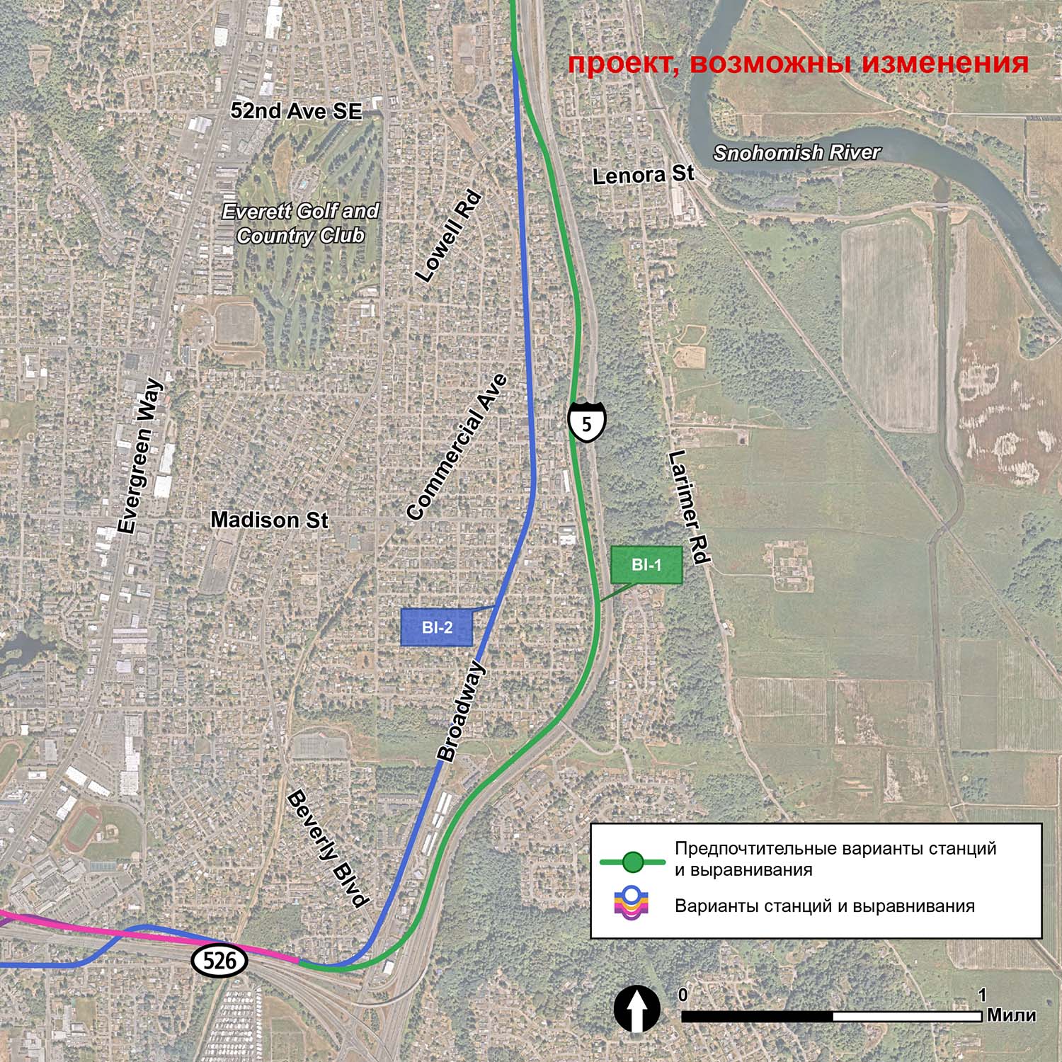 Вид со спутника сегмента Broadway-Interstate 5.