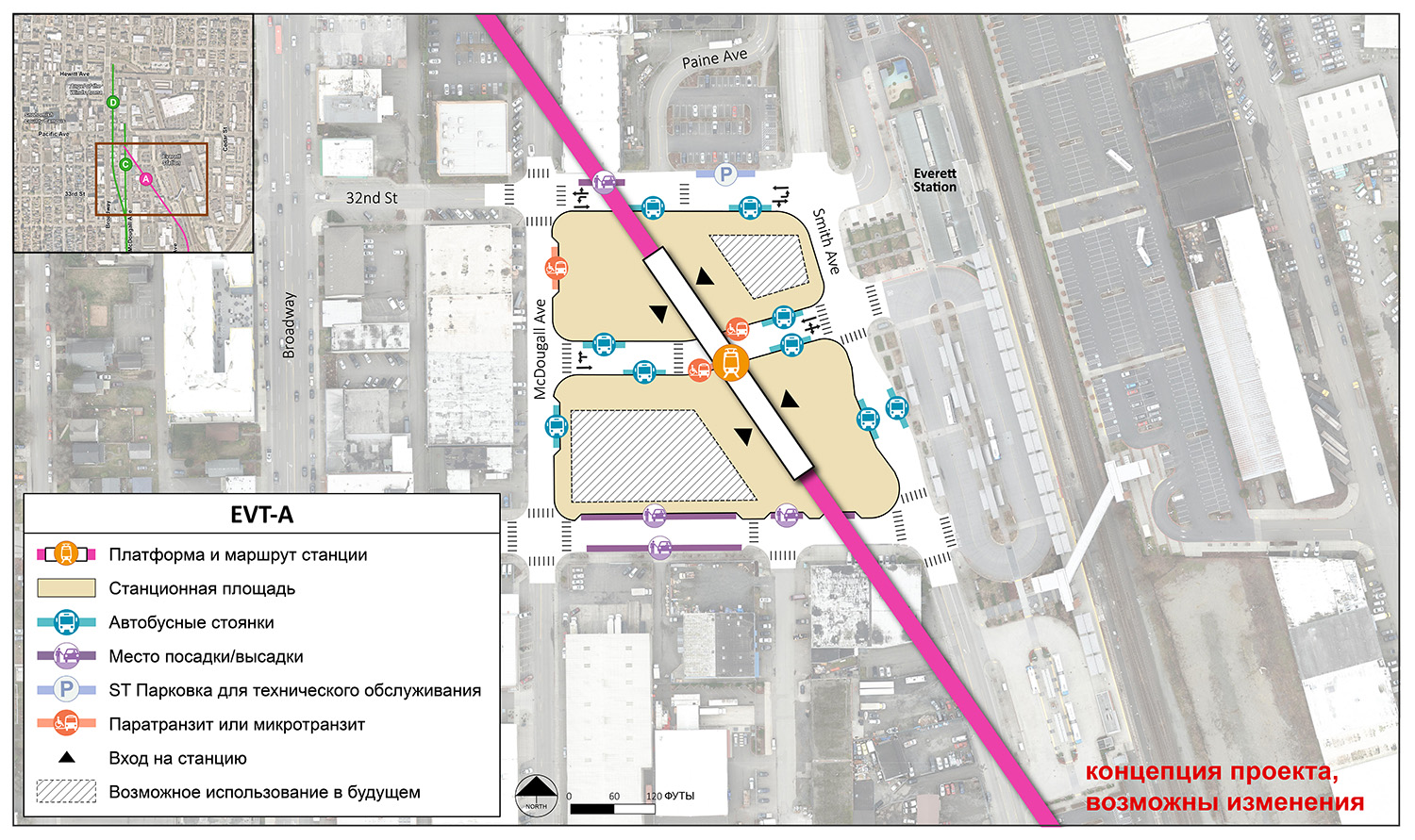 Для альтернативной станции EVT-A платформа станции и маршрут находятся в центре ее территории. Существуют два входа на станцию: на северо-западном и юго-восточном концах станции. Территория станции и придорожного сервисного комплекса простирается от 32nd Street до 33rd Street и от McDougall Avenue до Smith Avenue. В центре станции существует полоса движения с заездом и съездом на McDougall Avenue и Smith Avenue. Эта полоса имеет четыре автобусных кармана и два места для паратранзита/микротранзита. Два автобусных кармана находятся на Smith Avenue. Три точки посадки/высадки пассажиров находятся на 33rd Street. На McDougall Avenue находятся один автобусный карман и одно место для паратранзита/микротранзита. Два автобусных кармана, одна точка посадки/высадки пассажиров и одна служебная парковка для ST Service находятся на 32nd Street. Северо-западный и юго-восточный углы территории станции и придорожного сервисного комплекса имеют потенциал использования в будущем.