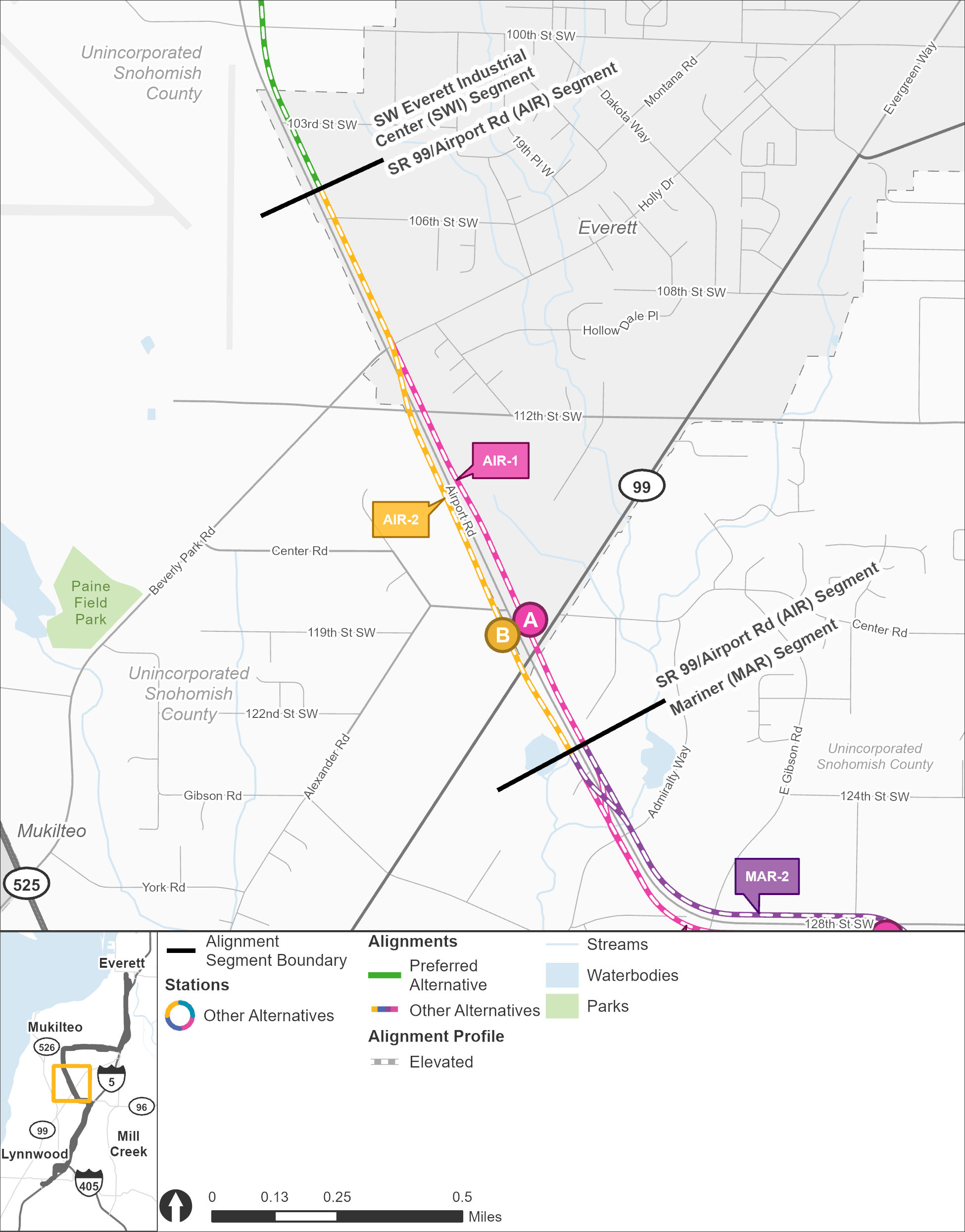 The State Route 99/Airport Road segment stretches from the Mariner segment in the south to the Southwest Everett Industrial Center segment in the north. The AIR-1 route alternative and AIR-A station alternative are both shown in pink, while the AIR-2 route alternative and AIR-B station alternative are both shown in yellow. The AIR-1 route alternative runs along the northside of Airport Road in an elevated route before approaching the elevated AIR-A station alternative on the northwest intersection with State Route 99, and then the elevated route continues along the northside of Airport Road. The AIR-2 route alternative runs along the southside of Airport Road in an elevated route before approaching the elevated AIR-B station alternative on the southwest intersection with State Route 99, and then the elevated route continues along the southside of Airport Road, before crossing to the northside of Airport Road near Holly Drive in an elevated route.