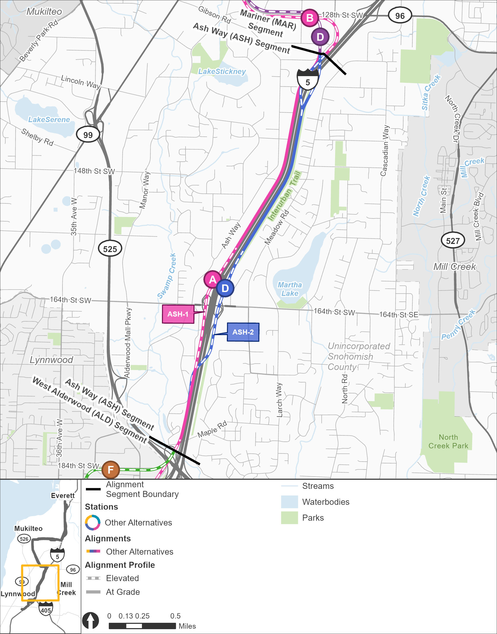 The Ash Way segment stretches from West Alderwood in the south to Mariner in the north. There are two route and station options indicated in two different colors; with the ASH-1 route alternative and the ASH-A station alternative both shown in pink, and the ASH-2 route alternative and the ASH-D station alternative both shown in blue. The pink ASH-1 route alternative runs along the westside of Interstate 5, mostly at street-level except for when it turns into an elevated route near the elevated ASH-A station alternative, which is located near Ash Way Park-and-Ride. The blue ASH-2 route alternative begins street-level along the westside of Interstate 5, before crossing over Interstate 5 with an elevated route south of 164th Street Southwest. The elevated ASH-D station alternative is located just north of 164th Street Southwest. The blue ASH-2 route alternative then continues north past the ASH-D station alternative in an elevated route before returning to street level a short distance north of the station, and the route continues before crossing back over to the westside of Interstate 5 as it approached the Mariner Segment.