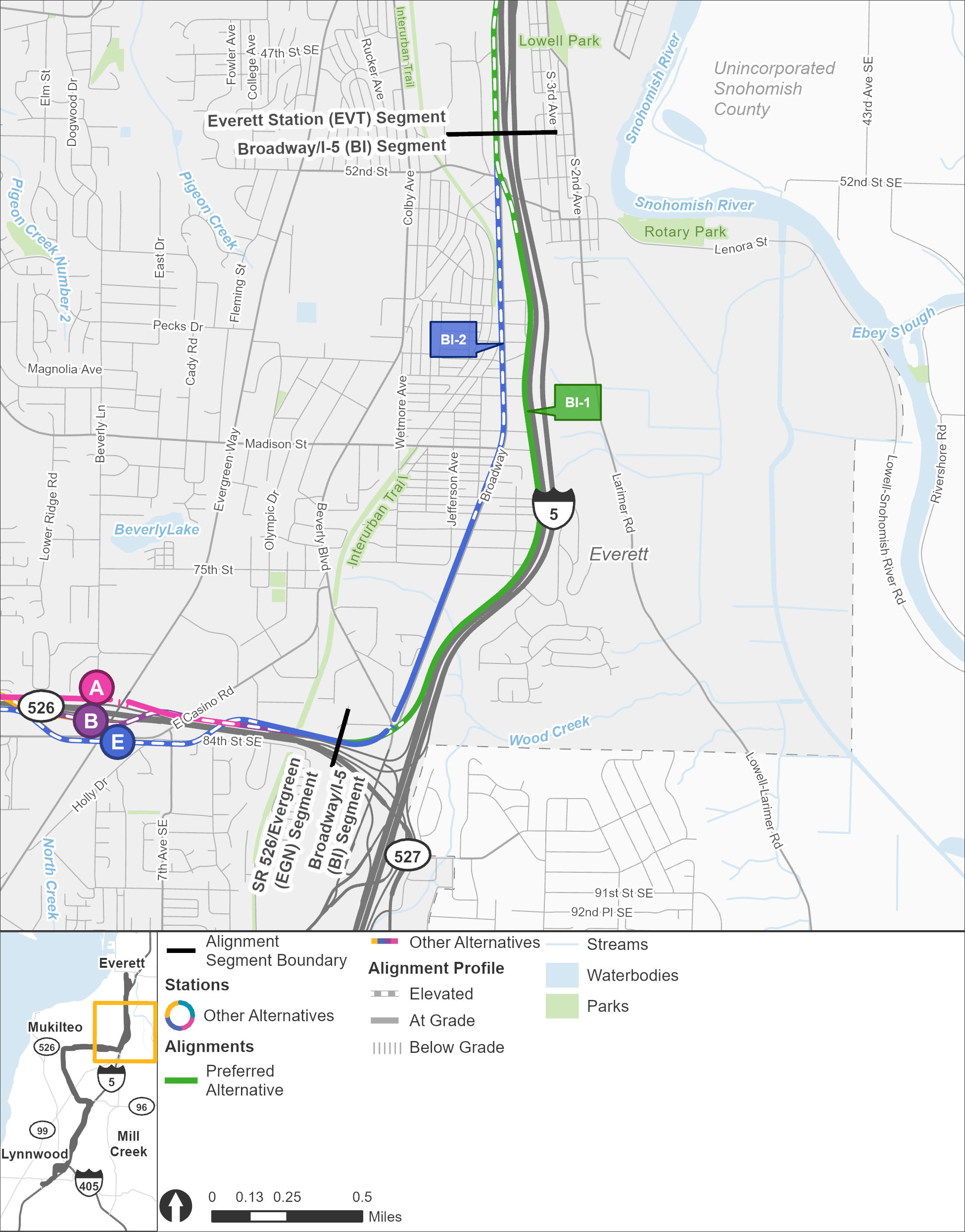 The Broadway-Interstate 5 segment stretches from the Evergreen segment in the south to the Everett Station segment in the north. This segment does not include any station alternatives, but features two route alternatives shown in different colors, with the BI-1 route shown in green and the BI-2 route shown in blue. The green color indicates that it is the preferred alternative. The BI-1 route alternative runs along the west side of Interstate 5 for the entire segment and is mostly at street level, except for the north end of the segment where the route turns into an elevated route. The BI-2 route alternative runs north up Broadway, beginning at street level before turning into an elevated route near the 73rd Street Southwest intersection, and continues as an elevated route as it approaches downtown Everett.