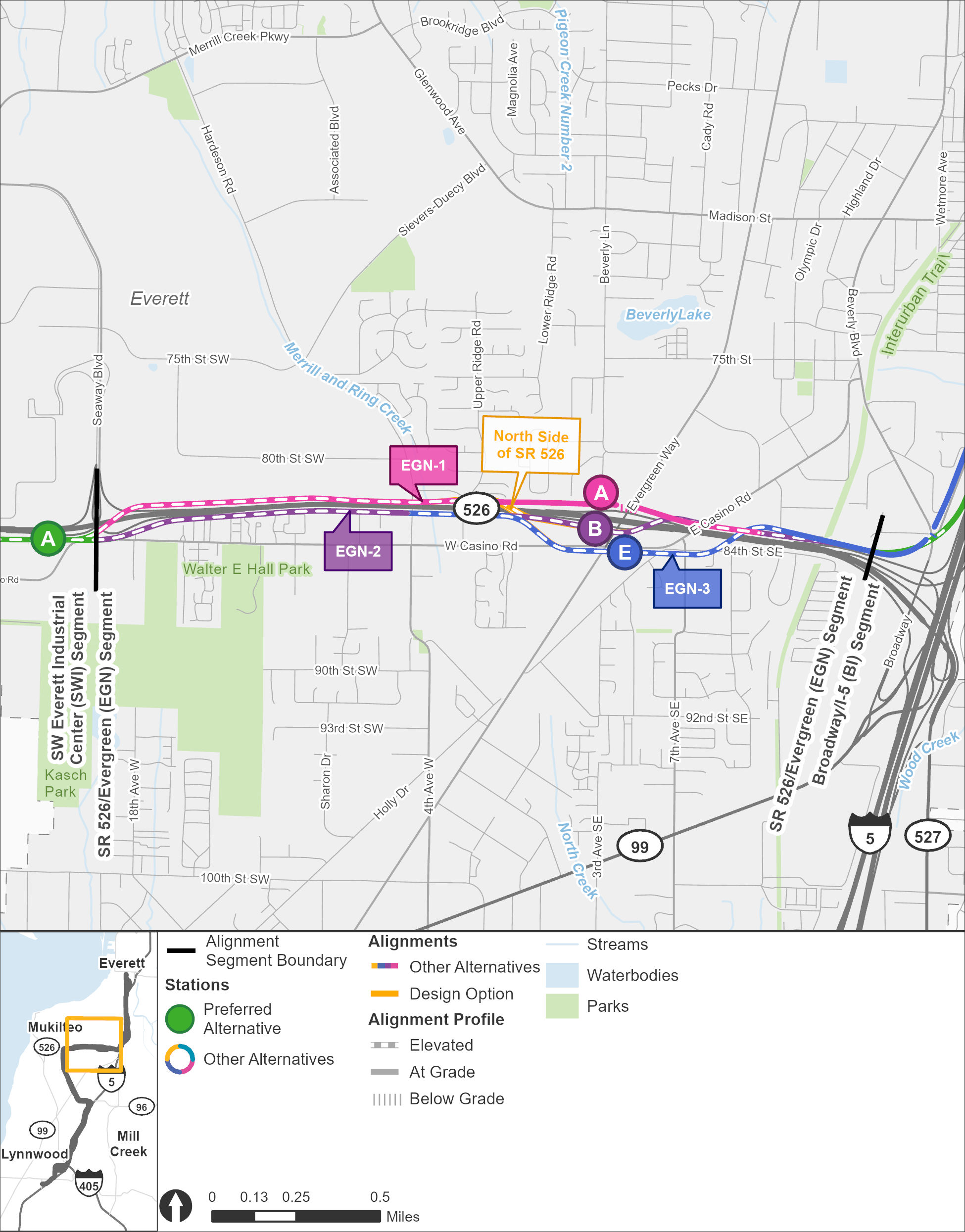 The State Route 526 / Evergreen Way segment stretches from the Southwest Everett Industrial Center segment in the west to the Broadway-Interstate 5 segment in the east. The route and station alternatives are shown in different colors, with the EGN-1 route alternative and EGN-A station alternative shown in pink, the EGN-2 route alternative and EGN-B station alternative shown in purple, and the EGN-3 route alternative and EGN-E station alternative shown in blue. The EGN-1 route alternative begins in an elevated route and runs along the northside of State Route 526 before turning into a street level route as it approaches the EGN-A station alternative, which is located on the northwest corner of the intersection with Evergreen Way, before continuing east towards Interstate 5. The EGN-2 route alternative begins briefly in an elevated route on the southside of State Route 526 before turning into a street level route along Casino Road, before returning to an elevated route as it approaches the EGN-B station alternative located at the southwest intersection with Evergreen Way. Once the route passes the elevated station, the route crosses over to the northside of State Route 526. The EGN-3 route alternative takes the same street level path as the EGN-2 route on the southside of State Route 526, before turning southeast on an elevated route so it can briefly run along Casino Road and reach station alternative EGN-E, which is located on the eastern intersection of Casino Road and Evergreen Way. The elevated route continues past the EGN-E station briefly on Casino Road before turning north back onto State Route 526 along the northside of the highway.