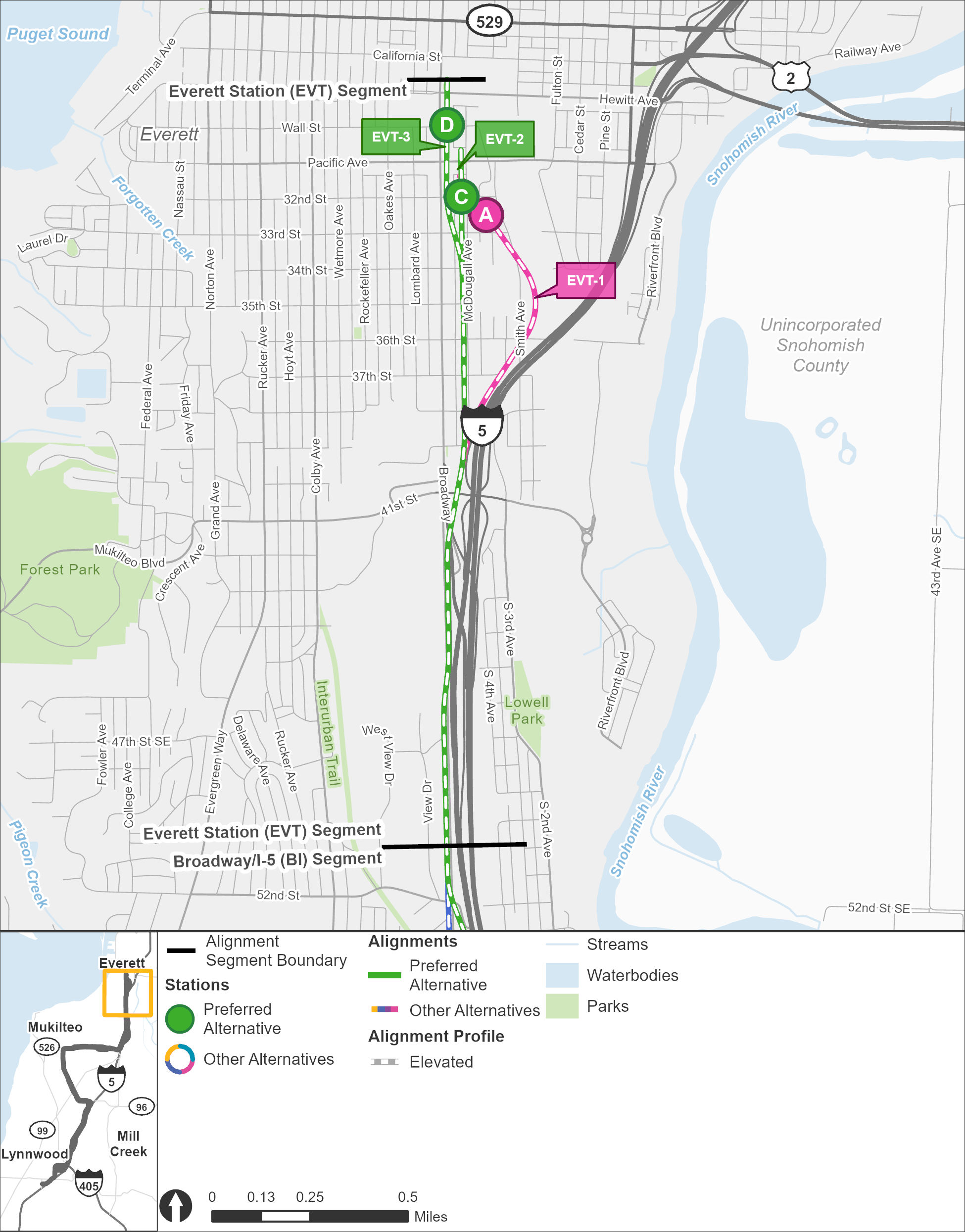 The Everett Station segment stretches from the Broadway-Interstate 5 segment in the south to the end of line in the north. The routes and stations are shown in different colors, with route alternative EVT-1 and station alternative EVT-A shown in pink, and route alternatives EVT-2 and EVT-3 shown in green, as well as station alternatives EVT-C and EVT-D. The green color indicates that these are the preferred alternatives. All route alternatives start at the same elevated route along the westside of Interstate 5, before the EVT-1 route breaks off from the other route alternatives to continue along the highway, before turning northwest along the existing Amtrak rail lines before approaching the elevated EVT-A station alternative, which is located west of the existing Everett Station. The EVT-2 and EVT-3 route alternatives begin the same way as the EVT-1 route alternative but breaks off as it veers from Broadway over to McDougall Avenue and continues north in an elevated route as the route approaches downtown Everett. The EVT-2 route alternative remains on McDougall Avenue as it continues north before arriving at the elevated EVT-C station, located just south of Pacific Avenue before the end of line is just north of Pacific Avenue. The EVT-3 route alternative breaks away from the EVT-2 route alternative as it veers from McDougall Avenue towards Broadway near 33rd Street, before continuing on an elevated route north as it approaches elevated station alternative EVT-D, which is located at Wall Street, before the end of line is near Hewitt Avenue.