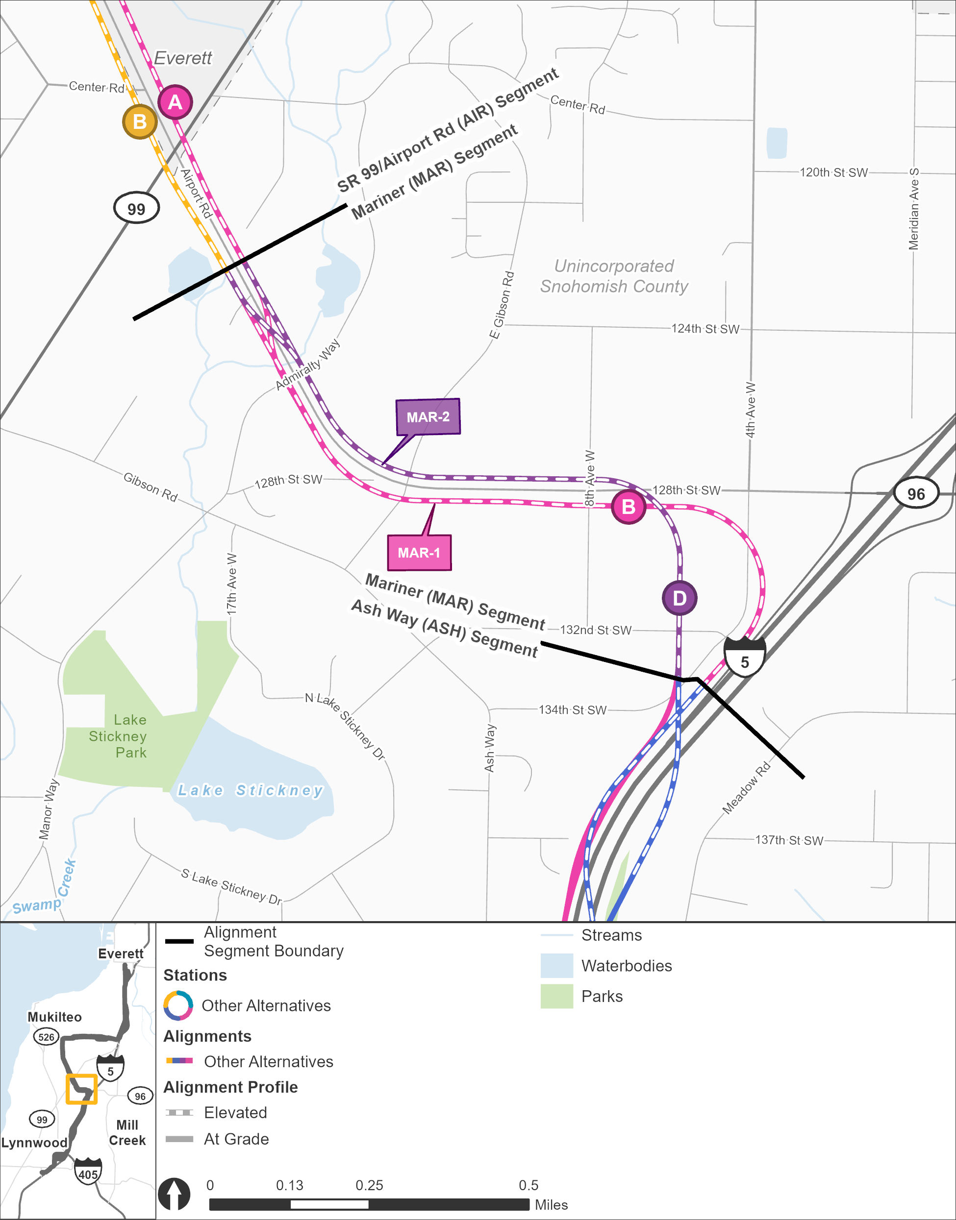 The Mariner segment stretches from the Ash Way segment in the south to the State Route Ninety-Nine / Airport Road Segment in the north. The MAR-1 route alternative and the MAR-B station alternative are shown in pink, and the MAR-2 route alternative and MAR-D station alternative are shown in purple. The MAR-1 route alternative starts in an elevated route near 154th Street Southwest along the westside of Interstate 5 before a wide left turn takes the elevated route along the southside of 128th Southwest, before approaching the elevated station MAR-B at the intersection with 8th Avenue West. The MAR-1 route continues west past the MAR-B station alternative until 128th Avenue West veers northwest and turns into Airport Road. The MAR-2 route alternative starts in an elevated route near 134th Street Southwest and turns north between 4th Avenue West and 8th Avenue West before arriving at station alternative MAR-D, located adjacent to the existing Safeway parking lot and Mariner Park-and-Ride, before turning west to run along the northside of 128th Street Southwest and eventually Airport Road. MAR-B Structured Parking is indicated with a solid pink rectangle east of the Mariner Park-And-Ride. The MAR-B Surface Parking Design Option is indicated with pink hashmarks and is partially overlayed with the MAR-B Structured Parking. MAR-D Structured Parking is indicated with a solid purple triangle and the MAR-D Surface Parking Design Option is indicated with purple hashmarks.