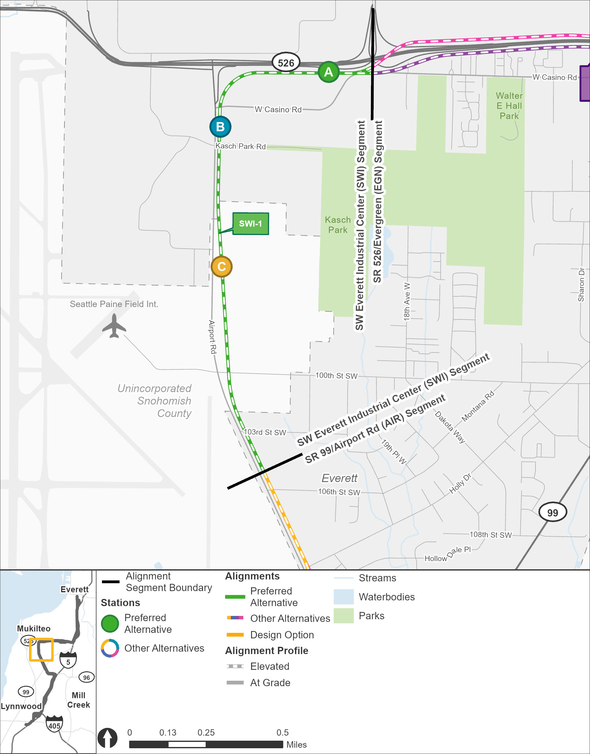 The Southwest Everett Industrial Center segment stretches from the Airport Road segment in the south to the State Route 526 / Evergreen segment in the east. The only route alternative in this segment, route alternative SWI-1, is shown in green. There are three station alternatives located on this route: SWI-A, SWI-B, and SWI-C. The SWI-1 route begins in an elevated route on the east side of Airport Road and continues on that side as it approaches the southernmost elevated station alternative, the SWI-C station, which is located nearest Paine Field. The route then continues north of the SWI-C station alternative before it reaches the SWI-B station alternative on the northside of the intersection with Kasch Park Road. The route then continues north before turning east at the intersection of State Route 526 and continues along the south side of State Route 526, before approaching the SWI-A station alternative, which is located west of the intersection with Seaway Boulevard.