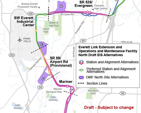 The three Operations and Maintenance Facility alternatives, titled OMF Site B, OMF Site E, and OMF Site F, are all depicted with a purple shape to illustrate the approximately 80 acres the proposed facility requires. OMF Site B is the northernmost alternative and is located north of State Route 526 and south of Seaway Boulevard between the Southwest Everett Industrial Center and Evergreen stations. OMF Site E is located south of OMF Site B near Paine Field, east of Airport Road and South of 100th Street Southwest. OMF Site F is the southernmost alternative, located near the Airport Road station, south of Airport Road and along the western border of Evergreen Way.