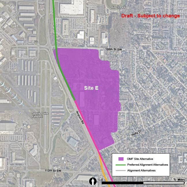 OMF Site E’s location is illustrated with a purple shape. The boundaries of OMF Site E are Airport Road to the west, and 100th Street Southwest to the north.