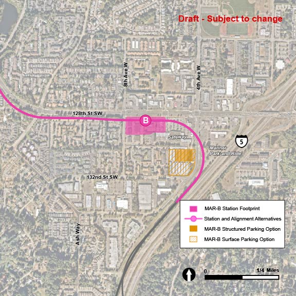 Proposed parking facilities, station, and light rail route for the MAR-B alternative are indicated. The MAR-B parking is shown in a pink square-shaped area stretching from 4th Ave West to the east, 132nd Street SW in the south, and stretching north to the area border Safeway. A parking structure in the northeast corner of the area is colored solid pink, while the rest of the parking facilities indicate surface parking with pink stripes. The MAR-2 route alternative is shown in pink as it runs in an elevated route along 4th Avenue West, before turning left onto the South end of 128th Avenue Southwest. The MAR-B station alternative is shown along the route, route of 128th Street Southwest and east of 8th Avenue West.