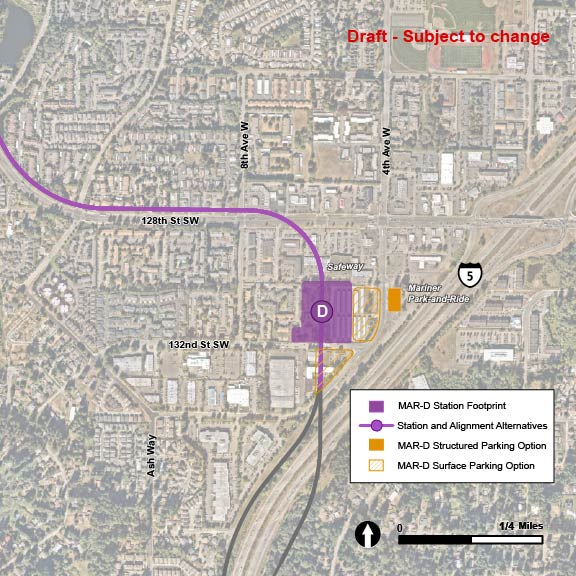 Proposed parking facilities, station, and route for the MAR-D alternative are both shown in purple. The MAR-D parking is shown in two triangular areas running along the westside of 4th Avenue West. The triangular areas are split by 132nd Street Southwest, and are colored by purple stripes to show they are surface parking lots. There is also structured parking planned on the eastside of 4th Avenue West, near Interstate 5. The MAR-D station alternative is shown in an area north of 132nd Street Southwest, in between the surface parking areas. The MAR-2 route alternative is shown as an elevated route as it runs north in an area between 4th Avenue West and 8th Avenue West, before turning west onto the northside of 128th Street Southwest.