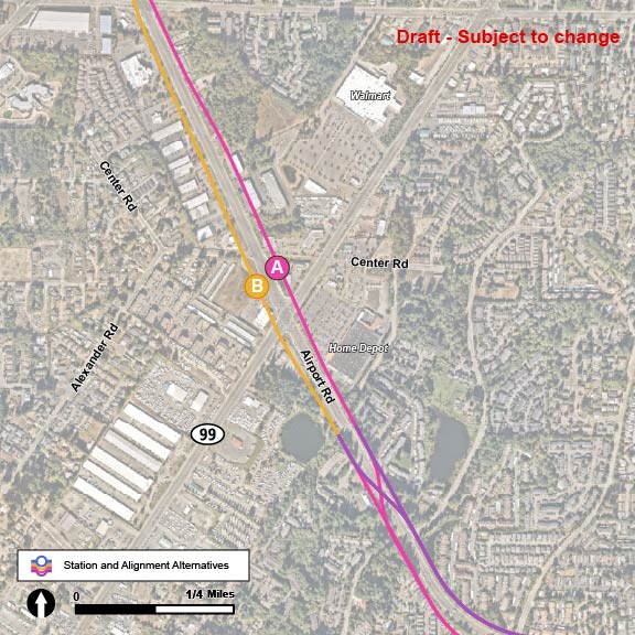 Along the AIR-1 and AIR-2 route alternatives there are two potential station alternatives: AIR-A and AIR-B. The AIR-A station alternative is located along the AIR-1 route alternative, which runs on the north side of Airport Road, and the station is located at the northern corner of Airport Road and State Route 99. The AIR-B station alternative is located along the AIR-2 route alternative, which runs on the south side of Airport Road, and the station is located at the western corner of Airport Road and State Route 99.