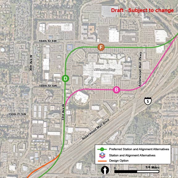 Along the ALD-1 and ALD-2 route alternatives, there are three potential station alternatives: ALD-D, ALD-F, and ALD-B. Station alternative ALD-D is the preferred station and is located along the ALD-2 route alternative, which runs north on 33rd Avenue West. The station is located west of the Alderwood Mall just north of the 33rd Avenue West and 188th Street Southwest intersection. The ALD-F station alternative is also located along the ALD-2 route alternative but the station is on the south side of 184th Street Southwest and north of Alderwood Mall. The ALD-B station alternative is located along the ALD-1 route alternative runs north on 33rd Avenue West and veers right south of the mall on 184th Street Southwest. The station is located near the southwest corner of Alderwood Mall.