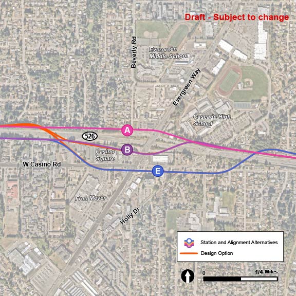 There are three station alternatives within the State Route 526/Evergreen Way segment: EGN-A, EGN-B, and EGN-E. The EGN-A station alternative is located along the EGN-1 route, which runs along the north side of State Route 526 following the highway to the east. The EGN-A station alternative is located west of Evergreen Way and State Route 526 with the station on the north side of State Route 526. The EGN-B station alternative is located along the EGN-2 route alternative, which runs along the south side of State Route 526 following the highway to the east with the station located on the northwest corner of the Casino Road and Evergreen Way intersection. The EGN-E station is located along the EGN-3 route alternative on the southeast corner of the Casino Road and Evergreen Way intersection.