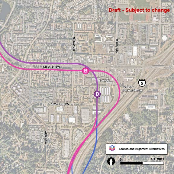 Along the MAR-1 and MAR-2 route alternatives there are two potential station alternatives: MAR-B and MAR-D. The MAR-B station alternative is located on the MAR-1 route and follows Interstate 5 north with tracks to the west of the interstate and veers left just south of 128th Street Southwest. The MAR-B station is located south of 128th Street Southwest central between 4th Avenue West and 8th Avenue West. The MAR-D station alternative is located along the MAR-2 route, which follows Interstate 5 north and veers west at 4th Avenue West. The station is located on the southside of 128th Street Southwest at the intersection of 8th Avenue West.