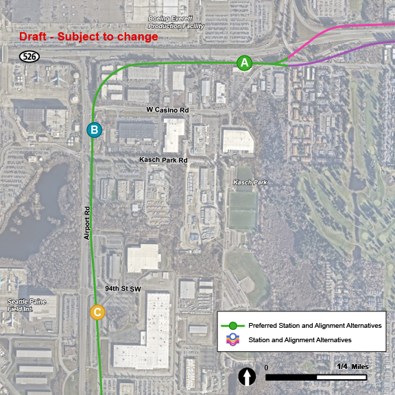 The SWI-1 route alternative has three station alternatives: SWI-A, SWI-B, and SWI-C. All station alternatives follow Airport Road north and eventually veer east to follow along State Route 526 with tracks on the south side on the highway. The SWI-A station is located just south of State Route 526 and north of West Casino Road. The SWI-B station is located along the east side of Airport Road to the south of Casino Road. The SWI-C station is located along the east side of Airport Road near 94th Street Southwest.