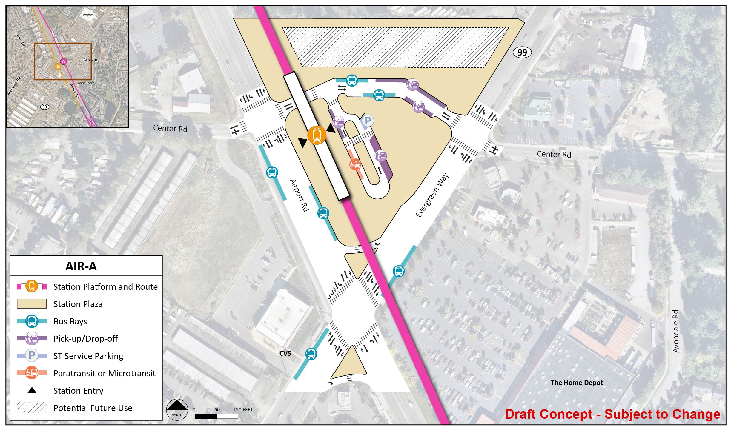 The station platform and route are located on the west end of the station area for station alternative AIR-A. The station entry point is in the middle of the platform. The station area and plaza are located within the corner of Airport Road and Evergreen Way. There is a lane northeast of the station platform that connects Airport Road and Evergreen Way on the northside of the station. This lane has two bus bays and two pick up/drop off spots. There is a lane connected to the south with one paratransit/micro transit spot, two pick up/drop off spots, and one ST Service Parking spot.  There is potential future use on the north side of the station area.