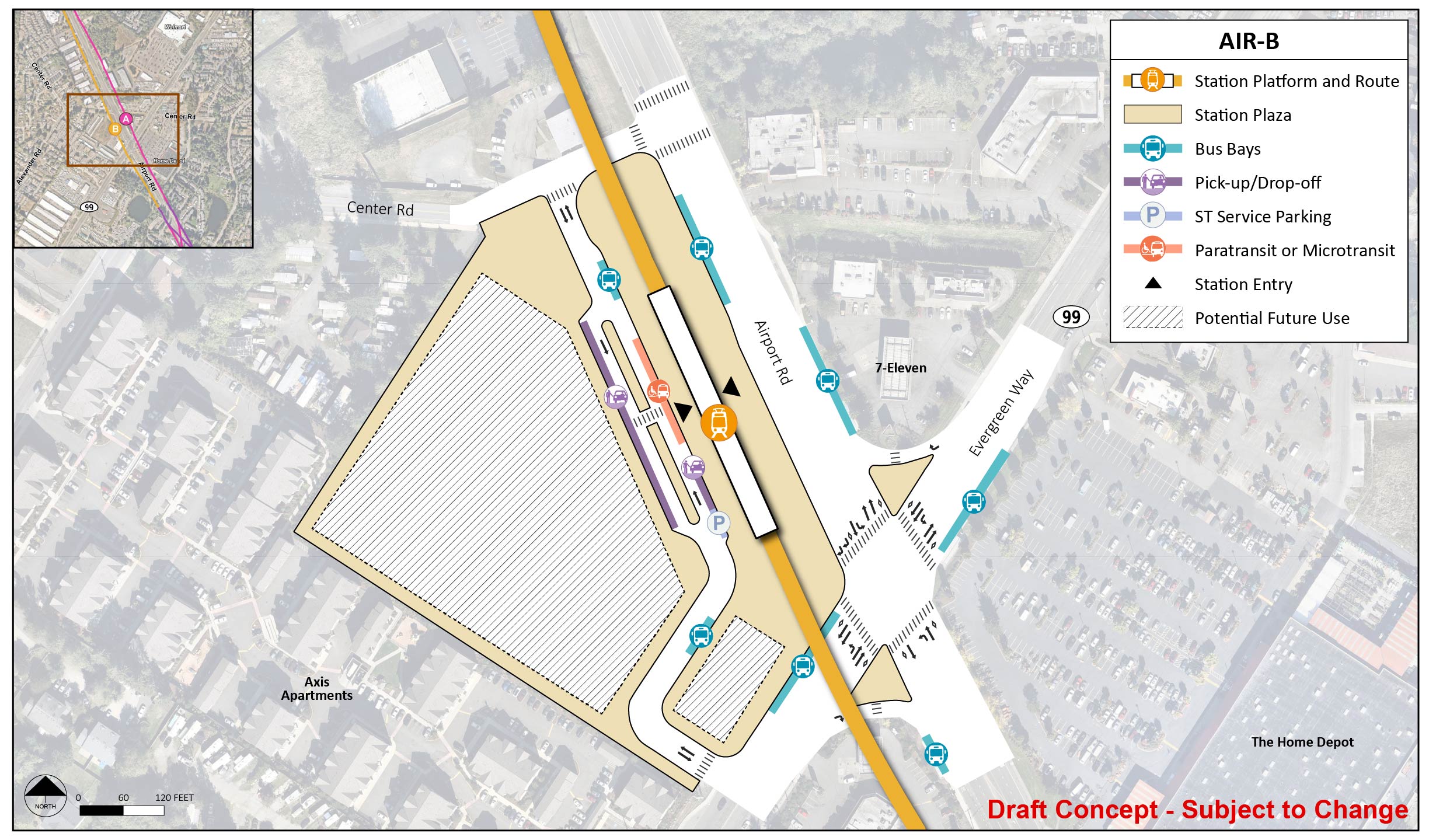 The station platform and route are located on the east end of the station area for station alternative AIR-B. The station entry point is in the middle of the platform. The station area and plaza extend to Airport Road, Evergreen Way, Center Road, and just north of Axis Apartments. There is a lane southwest of the station platform that connects Center Road and Evergreen Way on the southwest side of the station. This lane has two bus bays, two pick up/drop off spots, one paratransit/micro transit spot, and one ST Service Parking spot. There are two bus bays on Evergreen Way and Airport Road. There are two potential future use locations on the south side of the station area.