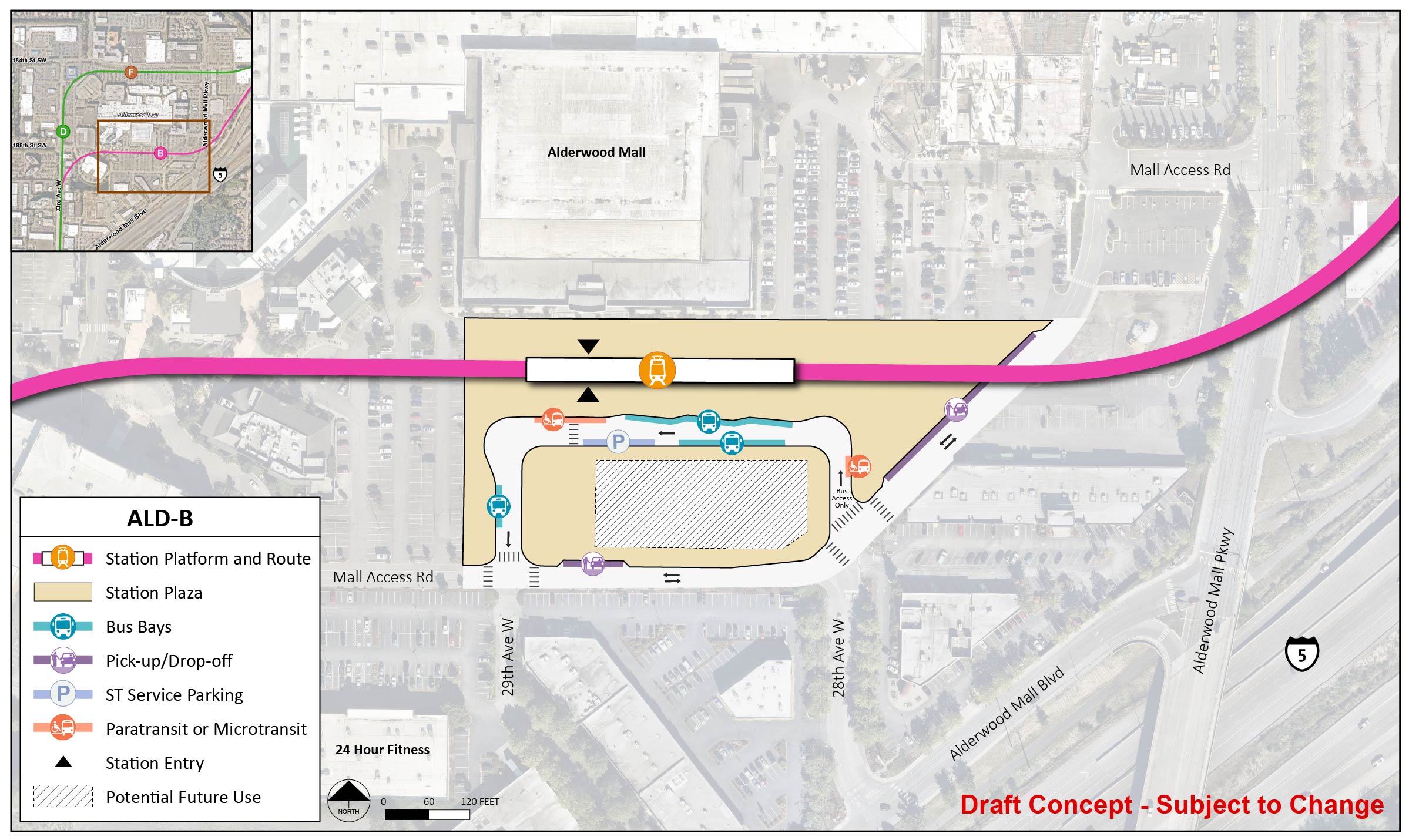 The station platform and route are on the north end of the station area for station alignment alternative ALD-B. The station entry point is at the west end of the platform. The station area and plaza extends to Mall Access Road near 29th Avenue West and 28th Avenue West. There is a lane that enters and exits at both 29th Avenue West and 28th Avenue West. The lane has three bus bays, a ST Service parking spot, and two paratransit/micro transit spots. Between this lane and Mall Access Road, there is a section held for potential future use. There are two pick up/drop off locations on Mall Access Road; one between 29th Avenue West and 28th Avenue West and one just past 28th Avenue West to the east.