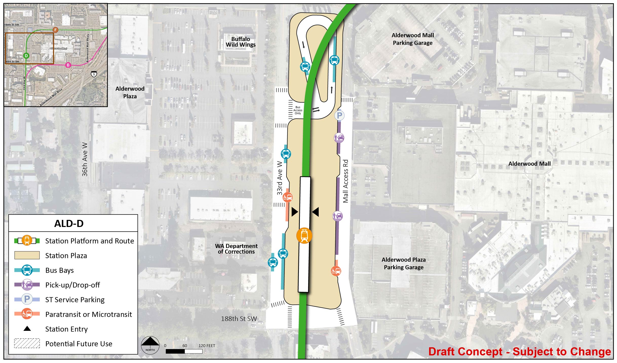 The station platform and route are in the middle of the station area for station alternative ALD-D. The station entry point is between the middle and north end of the platform, which is in the southern portion of the plaza. The station area and plaza extends to 88th Street Southwest north to the Alderwood Mall Parking Garage and is as wide as 33rd Avenue West to Mall Access Road. There is a looped lane that enters and exits near the north end of the station area via 33rd Avenue West. In the loop, there are two bus bays. There are three bus bays along 33rd Avenue West and one paratransit/micro transit spot. On Mall Access Road, there are two pick up/drop off spots, one ST Service Parking spot, and one paratransit/micro transit spot.