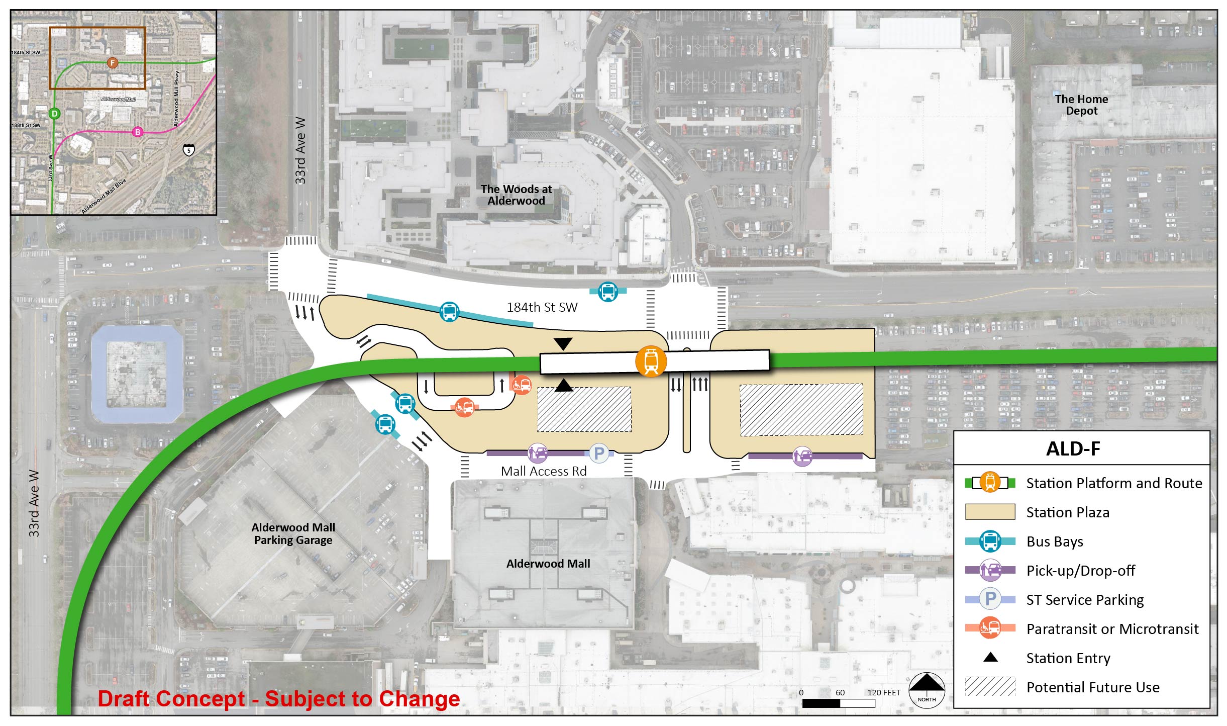 The station platform and route are in the middle of the station area for station alternative ALD-F. The station entry point is between the middle and west end of the platform. The station area and plaza extends from 33rd Avenue West to the east end of Alderwood Mall and sits between 184th Street Southwest and Mall Access Road. There is a lane that enters and exits on the west end of Mall Access Road. There are two traffic lanes that connect 184th Street Southwest and Mall Access Road at the east end of the station with potential future use on either side. On Mall Access Road, there are two bus bays, two pick up/drop off spots, and one ST Service Parking spot. There is a lane within the plaza to the west of the station entry point that has two paratransit/micro transit spots. On 184th Street Southwest, there are two bus bays. 