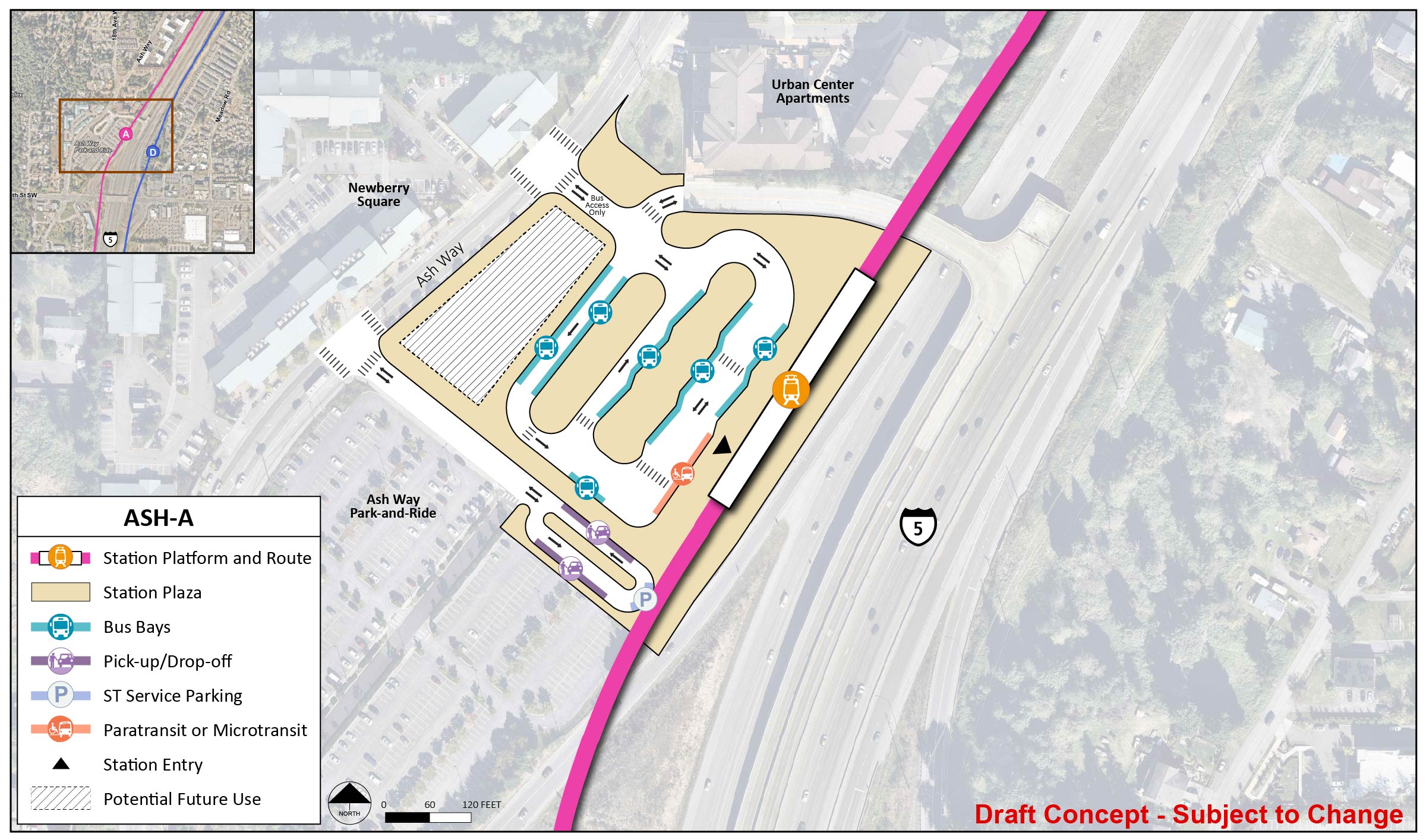 The station platform and route are located on the east end of the station area for station alternative ASH-A. The station entry point is on the south end of the platform. The station area and plaza extend to Ash Way between the Ash Way Park-and-Ride and the Urban Center Apartments. There is a lane with entry and exit points west on Ash Way and north of the station area. The lane has six bus bays and one paratransit/micro transit spot. Between this lane and Ash Way, there is potential future use. There is a lane on the south end of the station area with two pick up/drop off spot and one ST Service Parking spot.