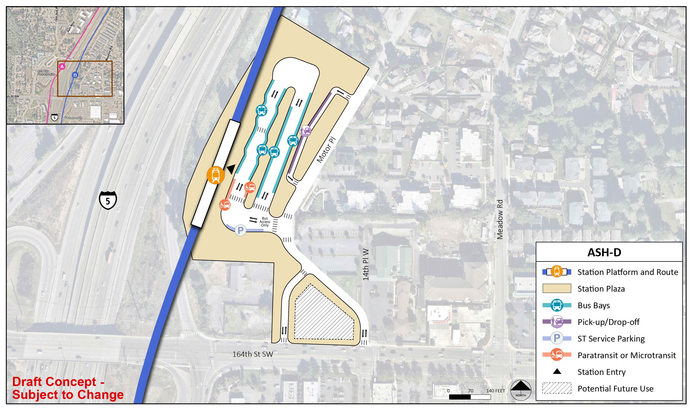 The station platform and route are located on the west end of the station area for station alternative ASH-D. The station entry point is central to the platform. The station area and plaza extend to Ash Way between Ash Way Park-and-Ride and the Urban Center Apartments. There is a lane with entry and exit points west on Ash Way and north of the station area. The lane has six bus bays and one paratransit/micro transit spot. Between this lane and Ash Way, there is potential future use. There is a lane on the south end of the station area with two pick up/drop off spots and one ST Service Parking spot. The station plaza extends to include the corner of 14th Place West and 164th Street Southwest with two lanes that connect to the station area and a section for potential future use.