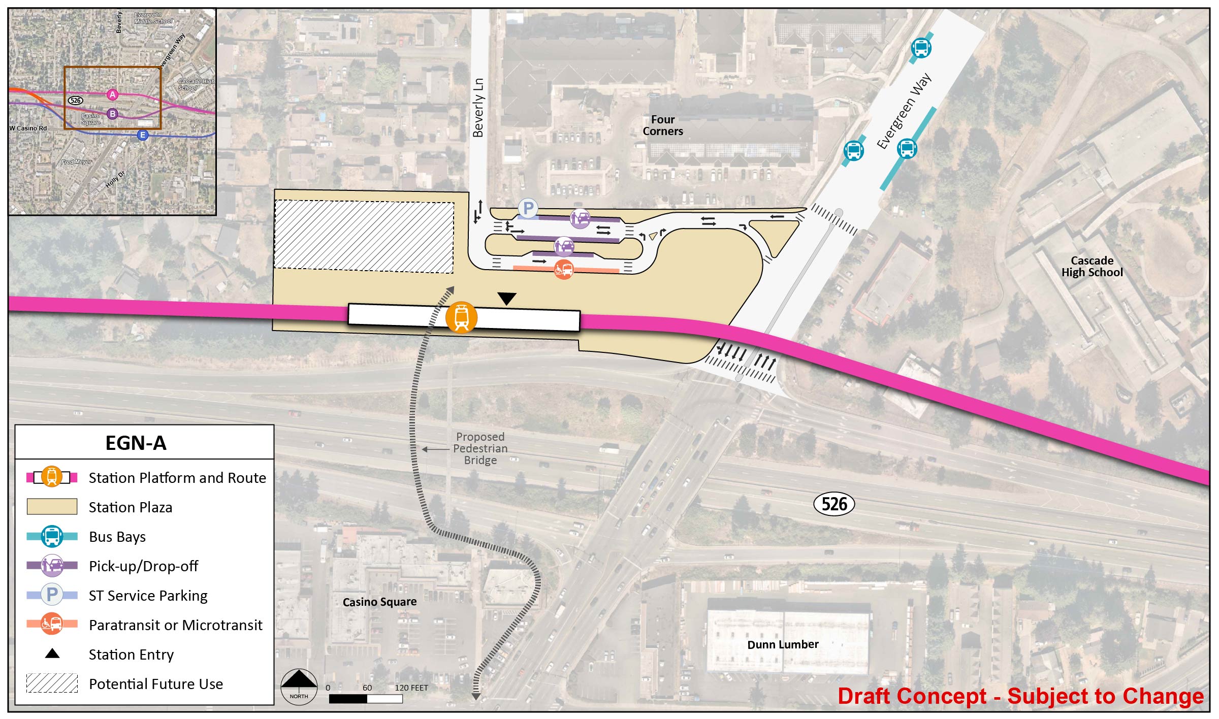 The station platform and route are located on the south end of the station area for station alternative EGN-A. The station entry point is between the middle and east end of the platform. The station area and plaza extend to State Route 526, Evergreen Way, and just west of Beverly Lane. There is a lane north of the station platform and route with entry and exit points on Beverly Lane and Evergreen Way. This lane has one paratransit/micro transit spots, two pick up/drop off spots, and one ST Service Parking spot. There are three bus bays on Evergreen Way. There is potential future use in the southwest corner of the station area and plaza.