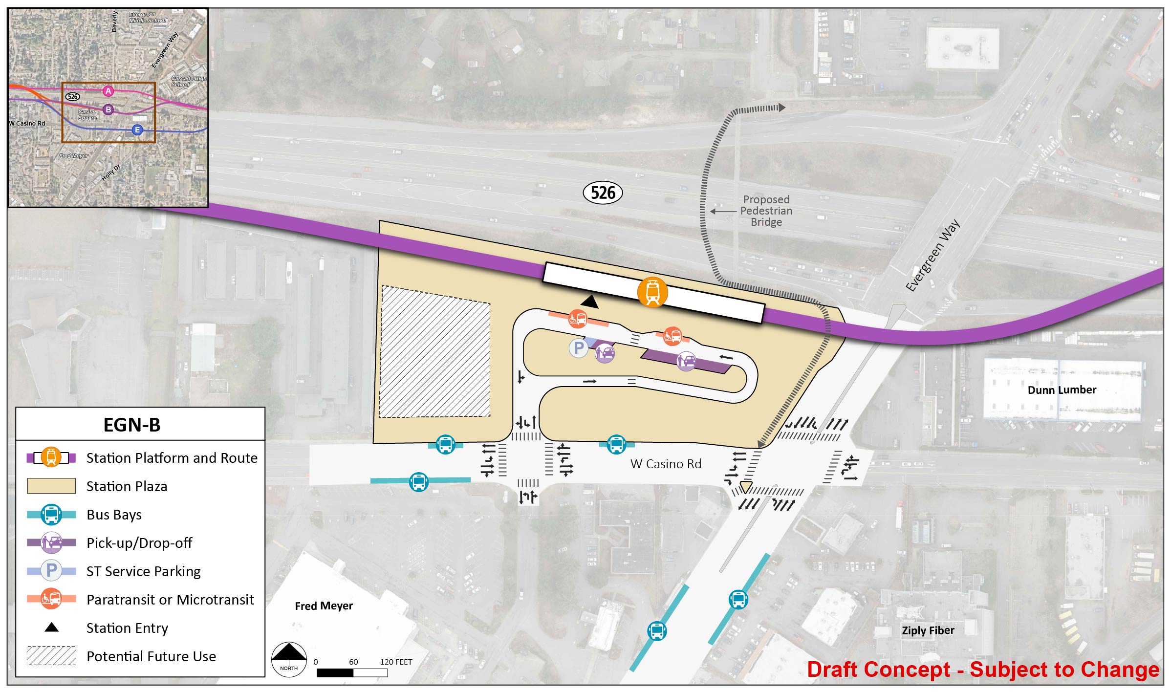  The station platform and route are located on the north end of the station area for station alternative EGN-B. The station entry point is between the middle and west end of the platform. The station area and plaza extend to State Route 526, Evergreen Way, and West Casino Road near the Fred Meyer. There is a lane south of the station platform and route with entry and exit points on West Casino Road. This lane has two paratransit/micro transit spots, two pick up/drop off spots, and one ST Service Parking spot. There are two bus bays on Evergreen Way and three bus bays on West Casino Road. There is potential future use in the southwest corner of the station area and plaza.